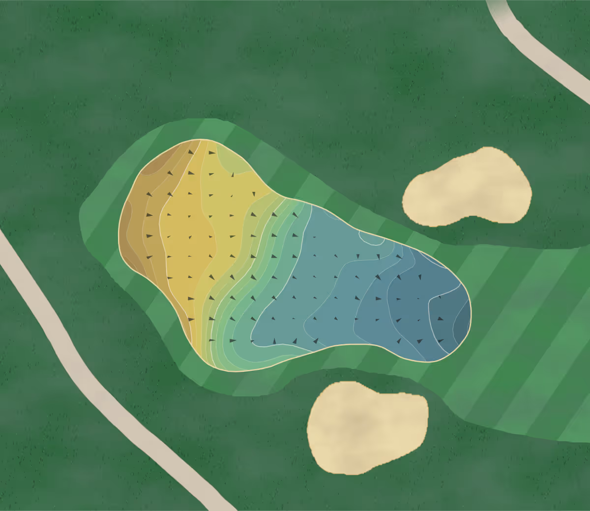 Green contour map of Dyrham Park in Barnet, England — 170 elevation contours at a 8-centimeter interval with fall-line arrows, traced from 1-meter lidar