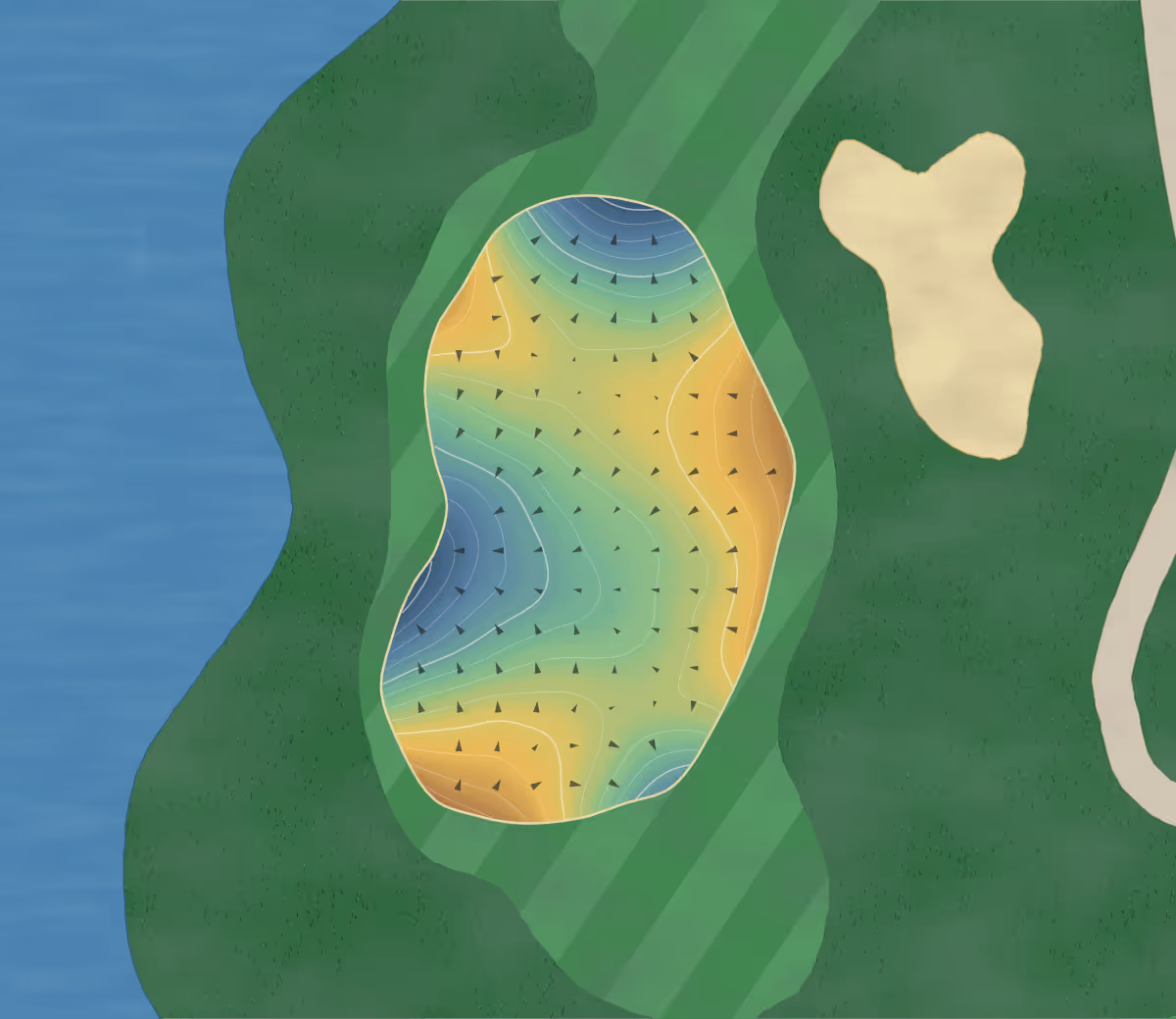 Green contour map of Eagle Creek Golf Club in Hortonville, Wisconsin — 212 elevation contours at a 3-inch interval with fall-line arrows, traced from 1-meter lidar