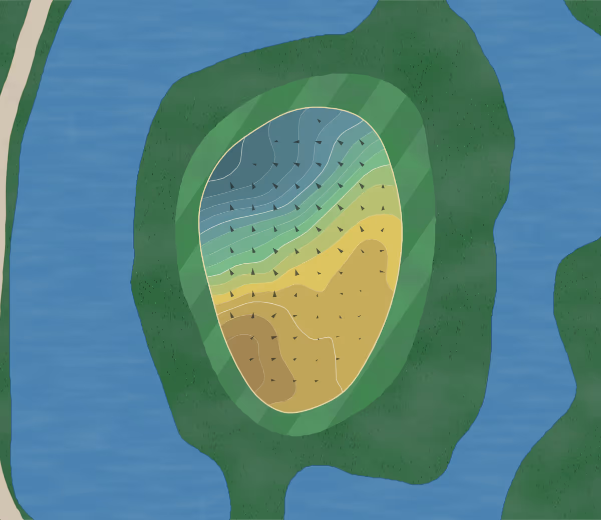Green contour map of Eagle Links in Kaukauna, Wisconsin — 188 elevation contours at a 3-inch interval with fall-line arrows, traced from 1-meter lidar