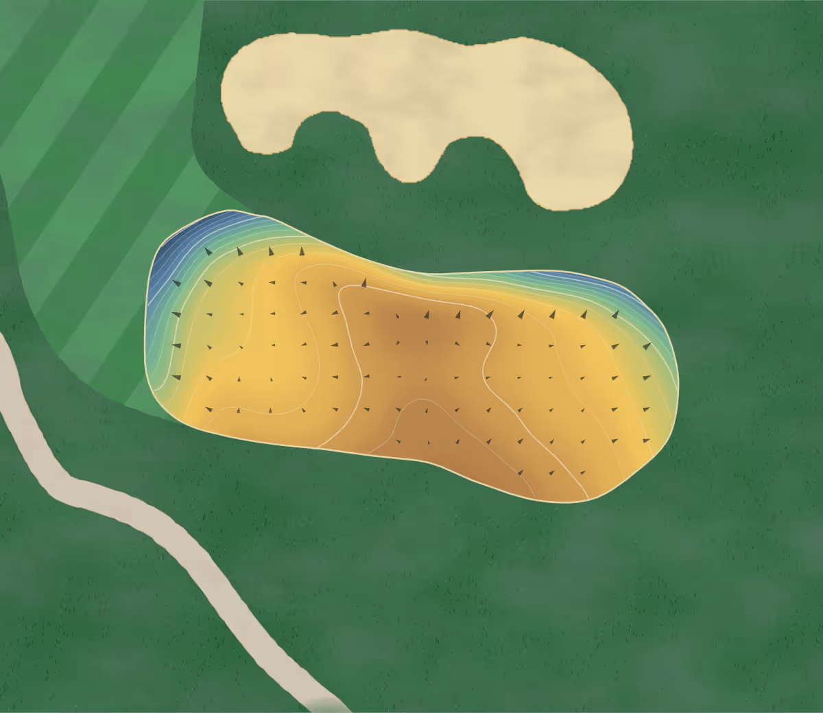 Green contour map of Eagle Valley in Syracuse, Indiana: 194 elevation contours at a 3-inch interval with fall-line arrows, traced from 1-meter lidar
