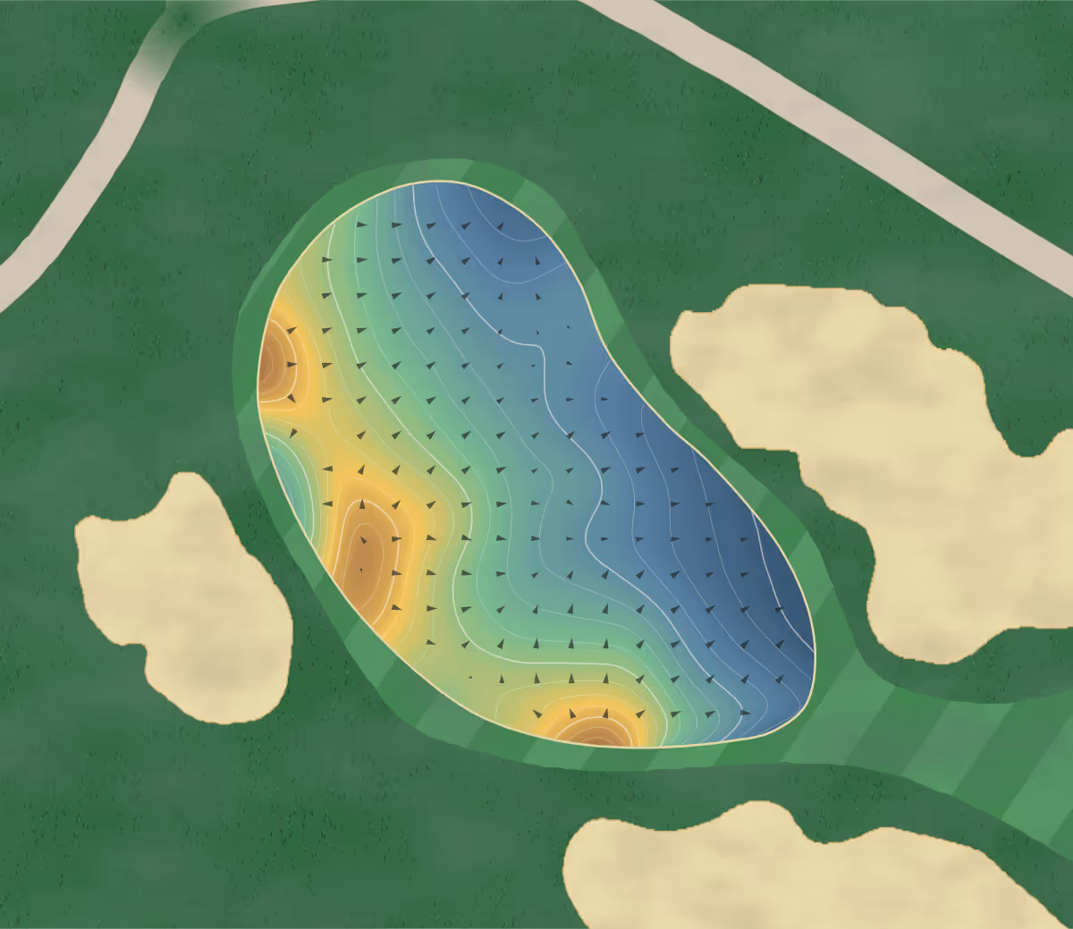 Green contour map of Eagles Glenn of Cavendish in Cavendish, Canada: 115 elevation contours at a 8-centimeter interval with fall-line arrows, traced from 1-meter lidar