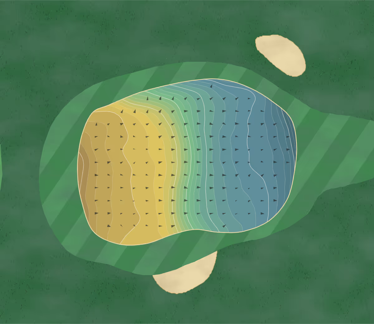 Green contour map of Eaglescliffe GC in Stockton-on-Tees, England — 291 elevation contours at a 8-centimeter interval with fall-line arrows, traced from 1-meter lidar