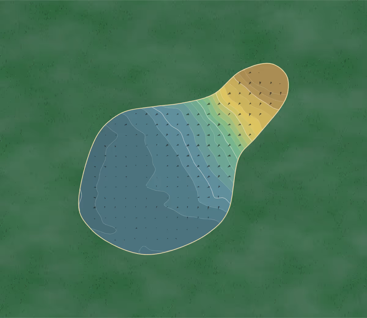 Green contour map of Easingwold GC in Easingwold, England — 155 elevation contours at a 8-centimeter interval with fall-line arrows, traced from 1-meter lidar