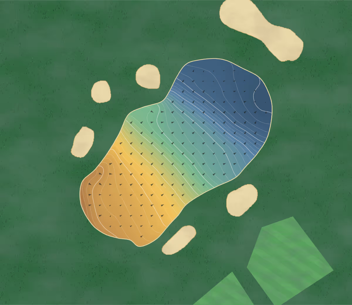 Green contour map of East Devon in Budleigh Salterton, England — 231 elevation contours at a 8-centimeter interval with fall-line arrows, traced from 1-meter lidar