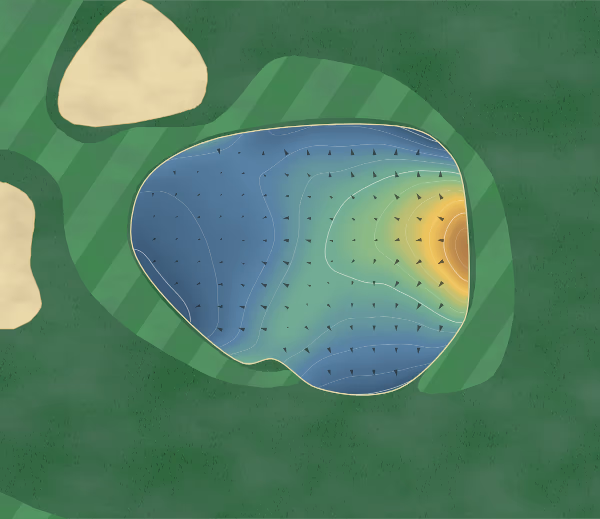 Green contour map of East Herts in Buntingford, England — 149 elevation contours at a 8-centimeter interval with fall-line arrows, traced from 1-meter lidar