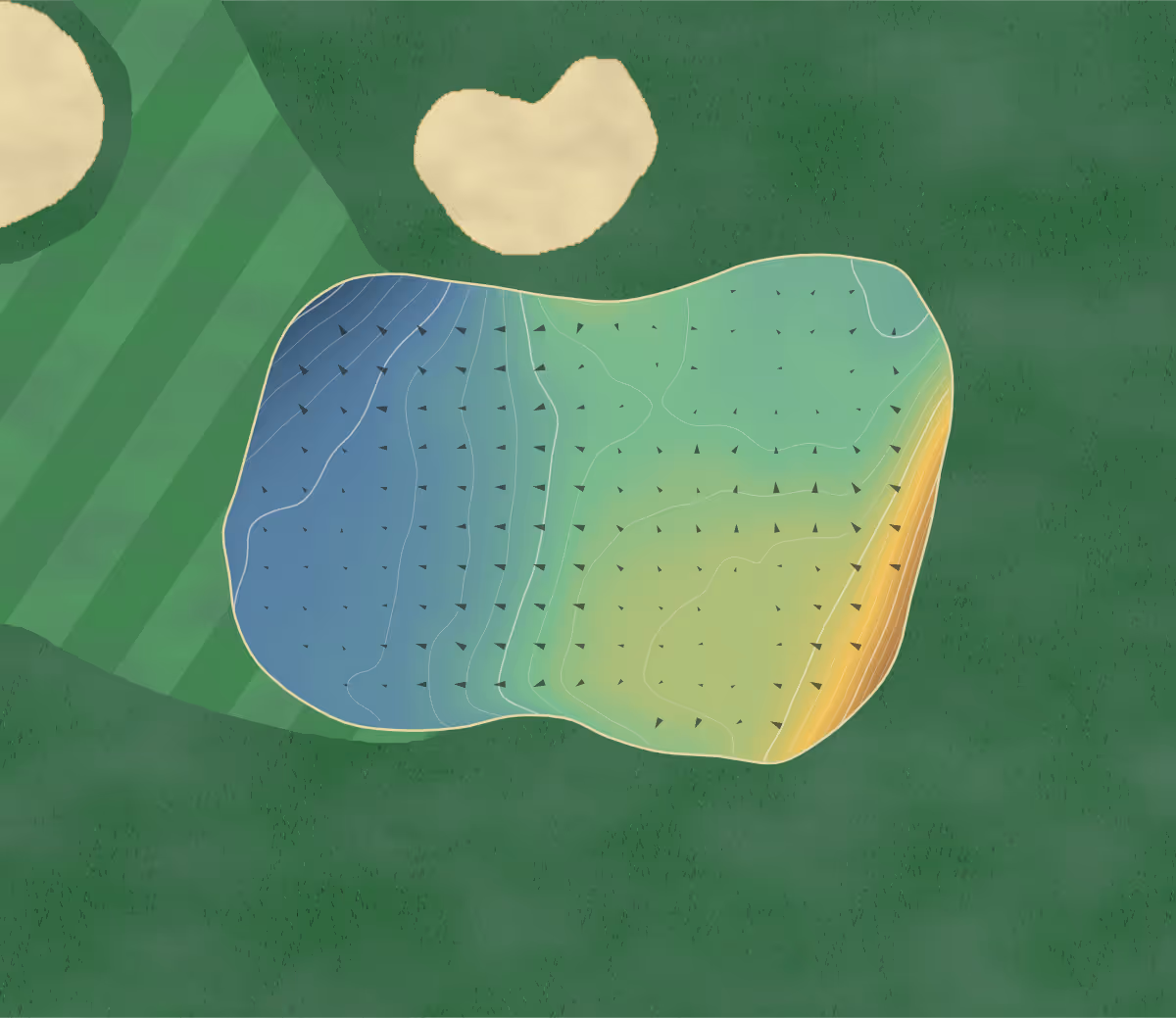 Green contour map of East Horton in Hampshire, England — 176 elevation contours at a 8-centimeter interval with fall-line arrows, traced from 1-meter lidar