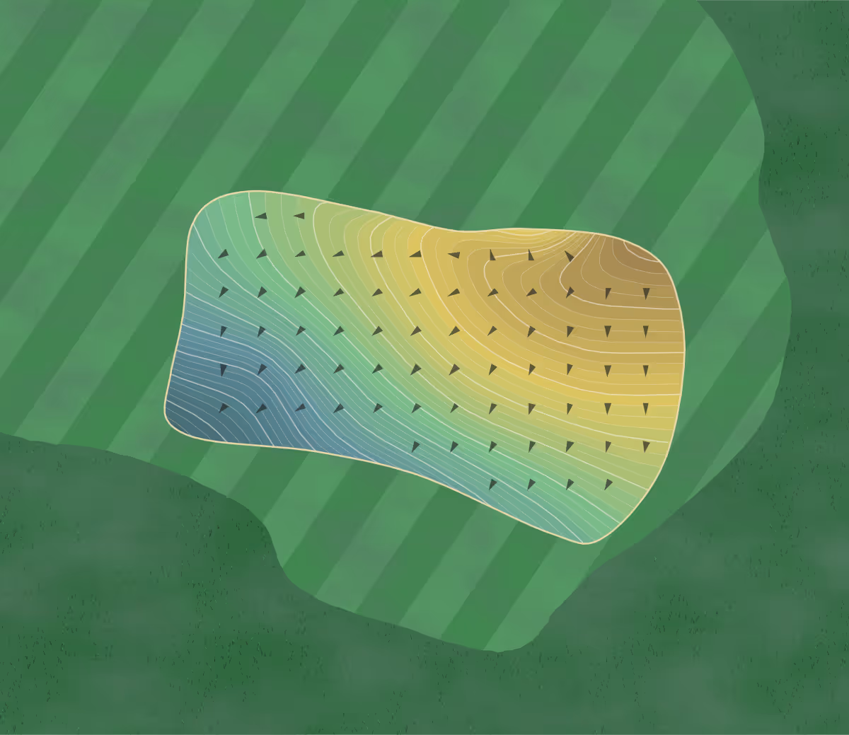 Green contour map of East Lake in Atlanta, Georgia — 521 elevation contours at a 3-inch interval with fall-line arrows, traced from 1-meter lidar