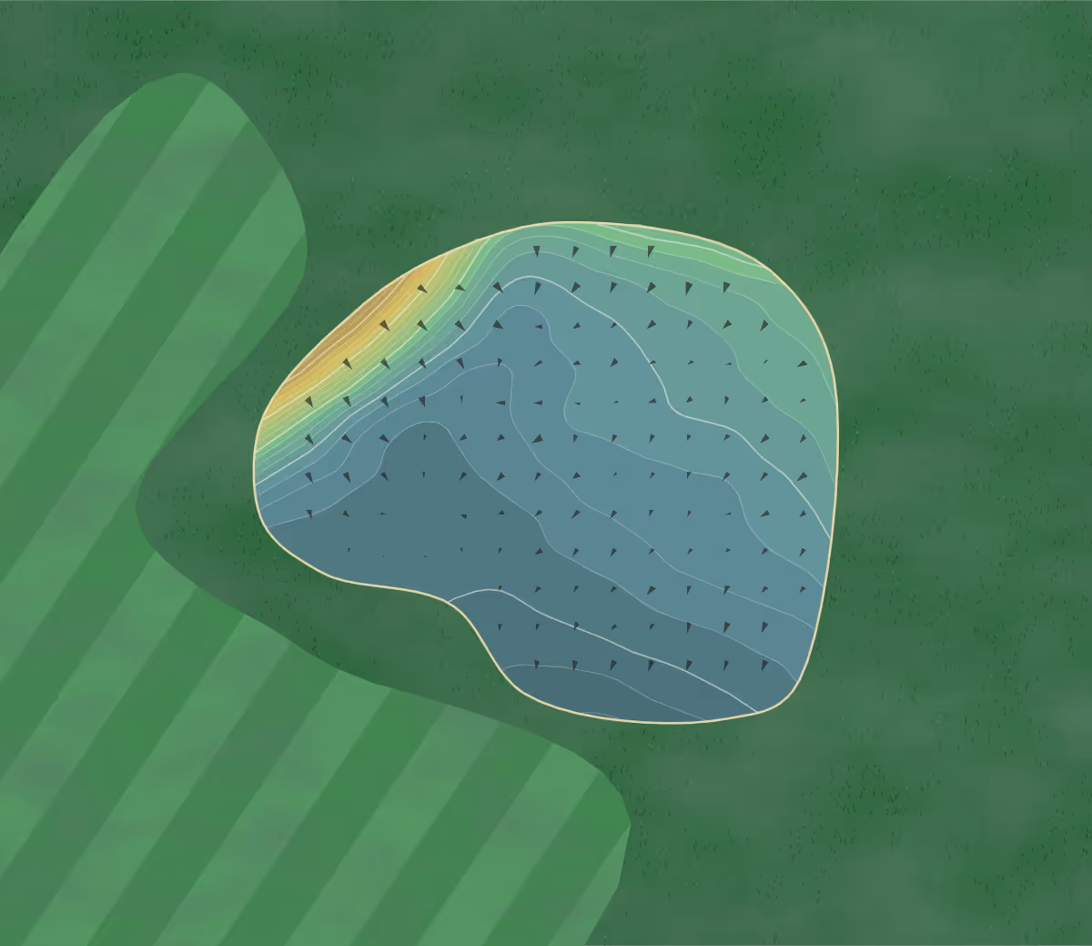 Green contour map of East Morton in Keighley, England — 91 elevation contours at a 8-centimeter interval with fall-line arrows, traced from 1-meter lidar