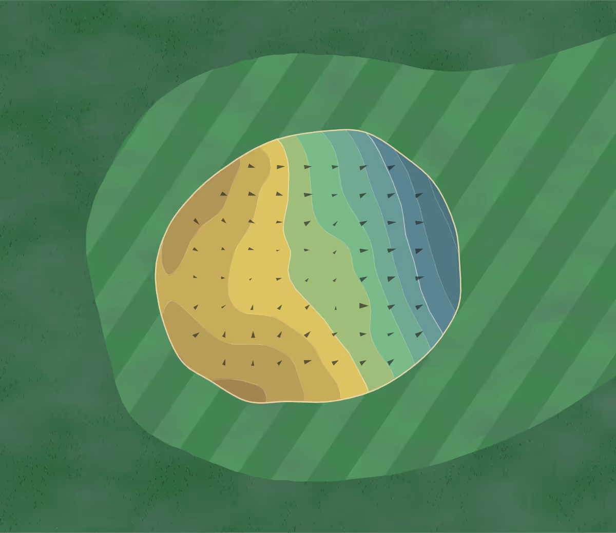 Green contour map of Eastern Hills in Kalmazoo, Michigan — 122 elevation contours at a 3-inch interval with fall-line arrows, traced from 1-meter lidar