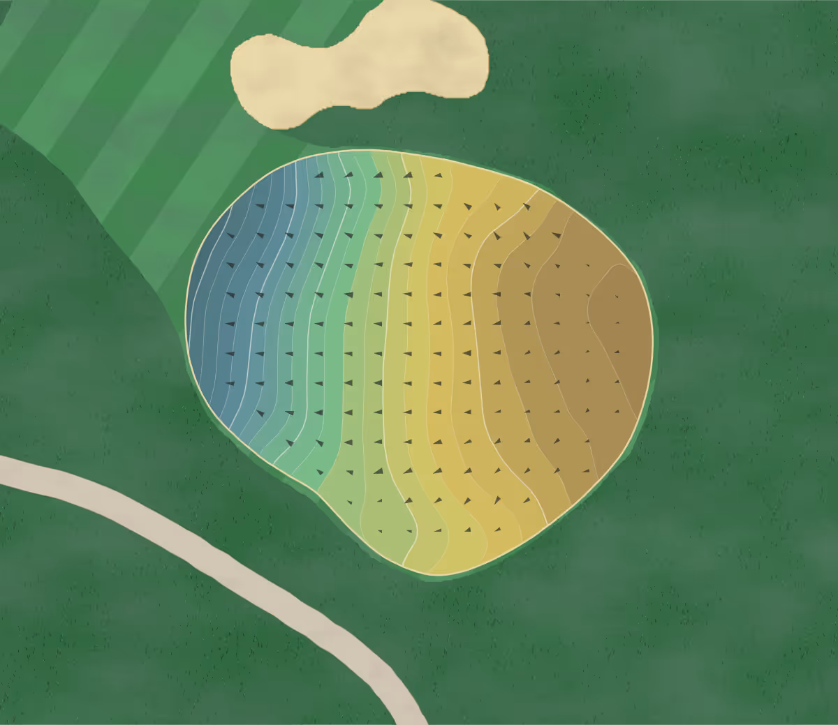 Green contour map of Eastmoreland GC in Portland, Oregon — 212 elevation contours at a 3-inch interval with fall-line arrows, traced from 1-meter lidar