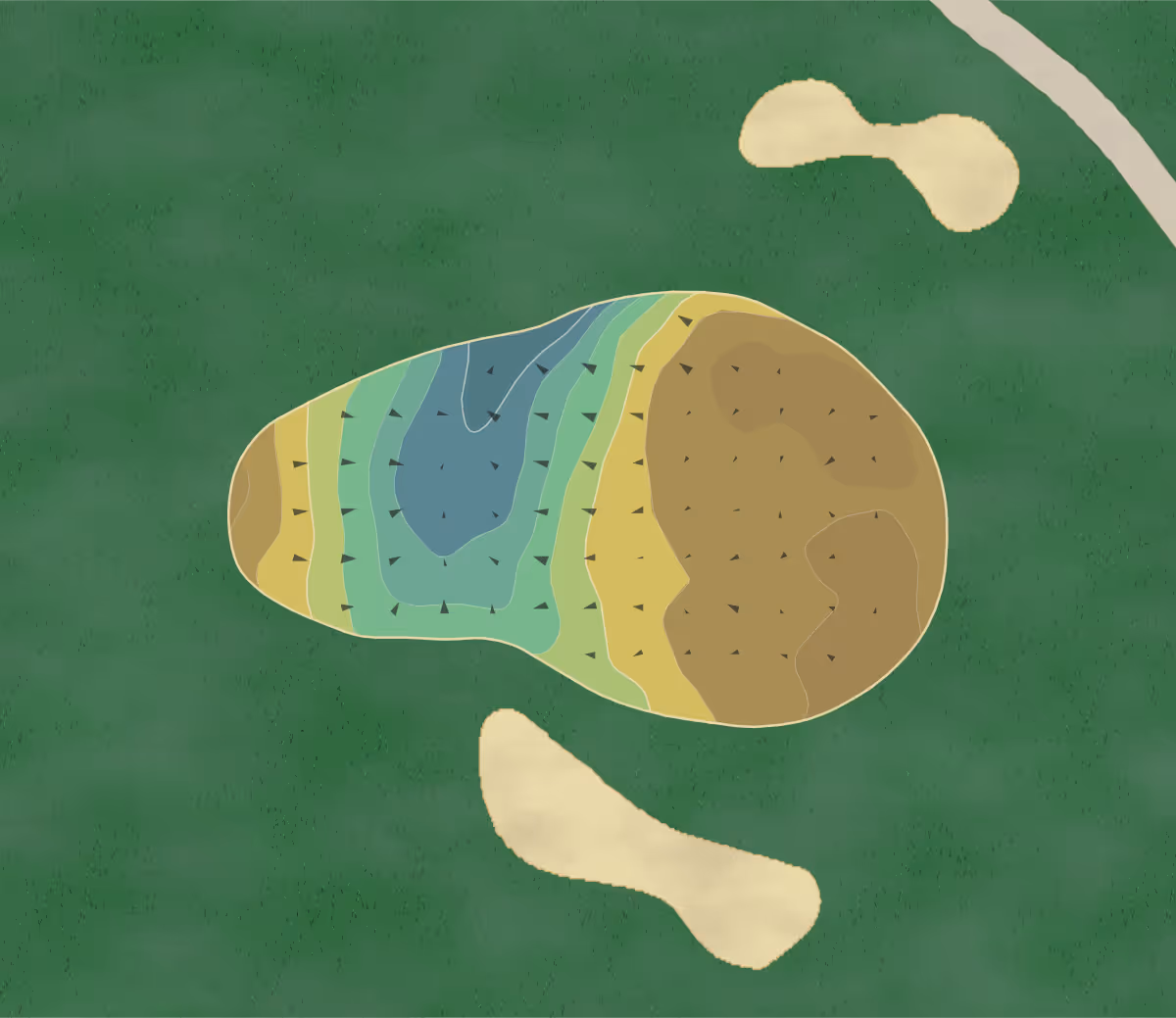 Green contour map of Eastwood CC in Torrington, Connecticut — 68 elevation contours at a 3-inch interval with fall-line arrows, traced from 1-meter lidar