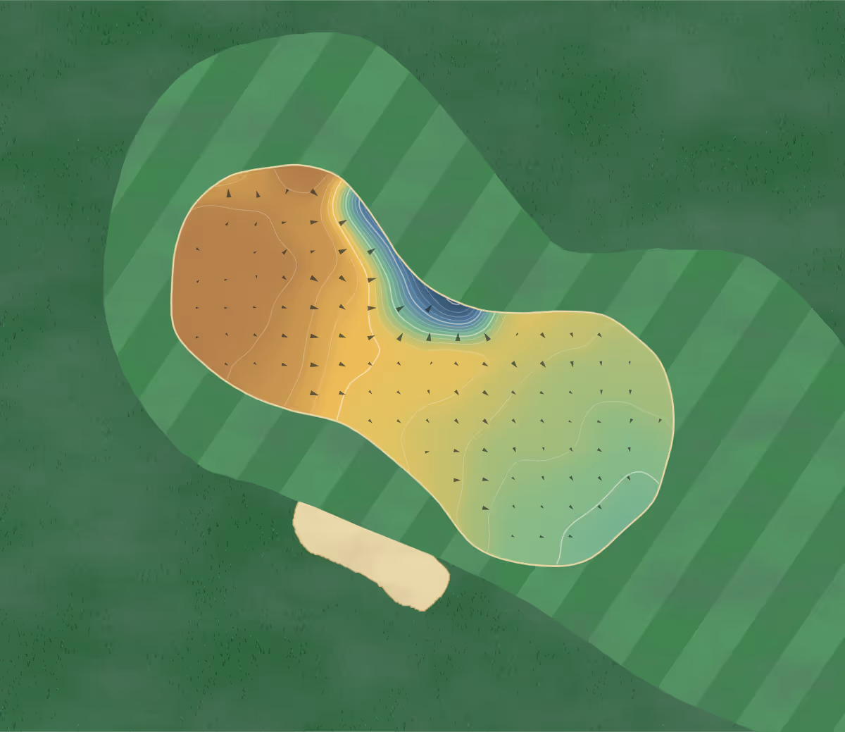 Green contour map of Eaton Golf Club in Norwich, United Kingdom — 192 elevation contours at a 8-centimeter interval with fall-line arrows, traced from 1-meter lidar