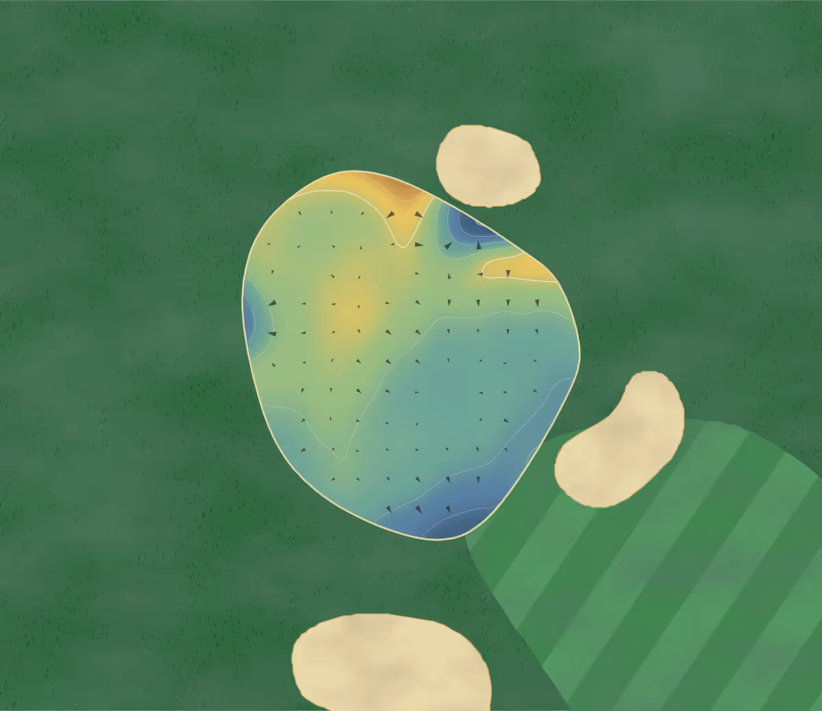Green contour map of Eccleston Park in Prescot, England: 101 elevation contours at a 8-centimeter interval with fall-line arrows, traced from 1-meter lidar