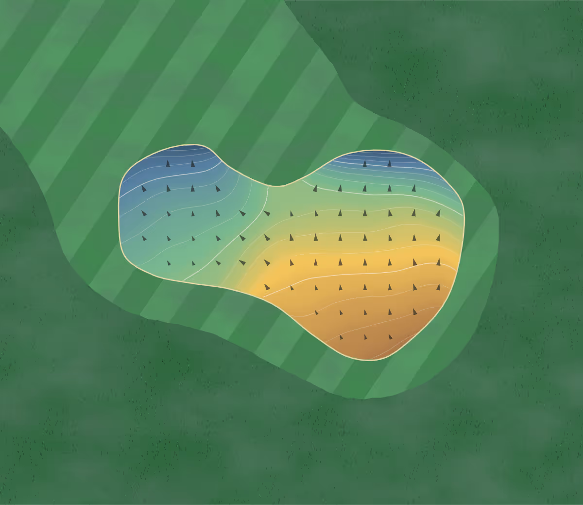 Green contour map of Ecogolf Ariège in La Bastide-de-Sérou, France — 212 elevation contours at a 8-centimeter interval with fall-line arrows, traced from 1-meter lidar