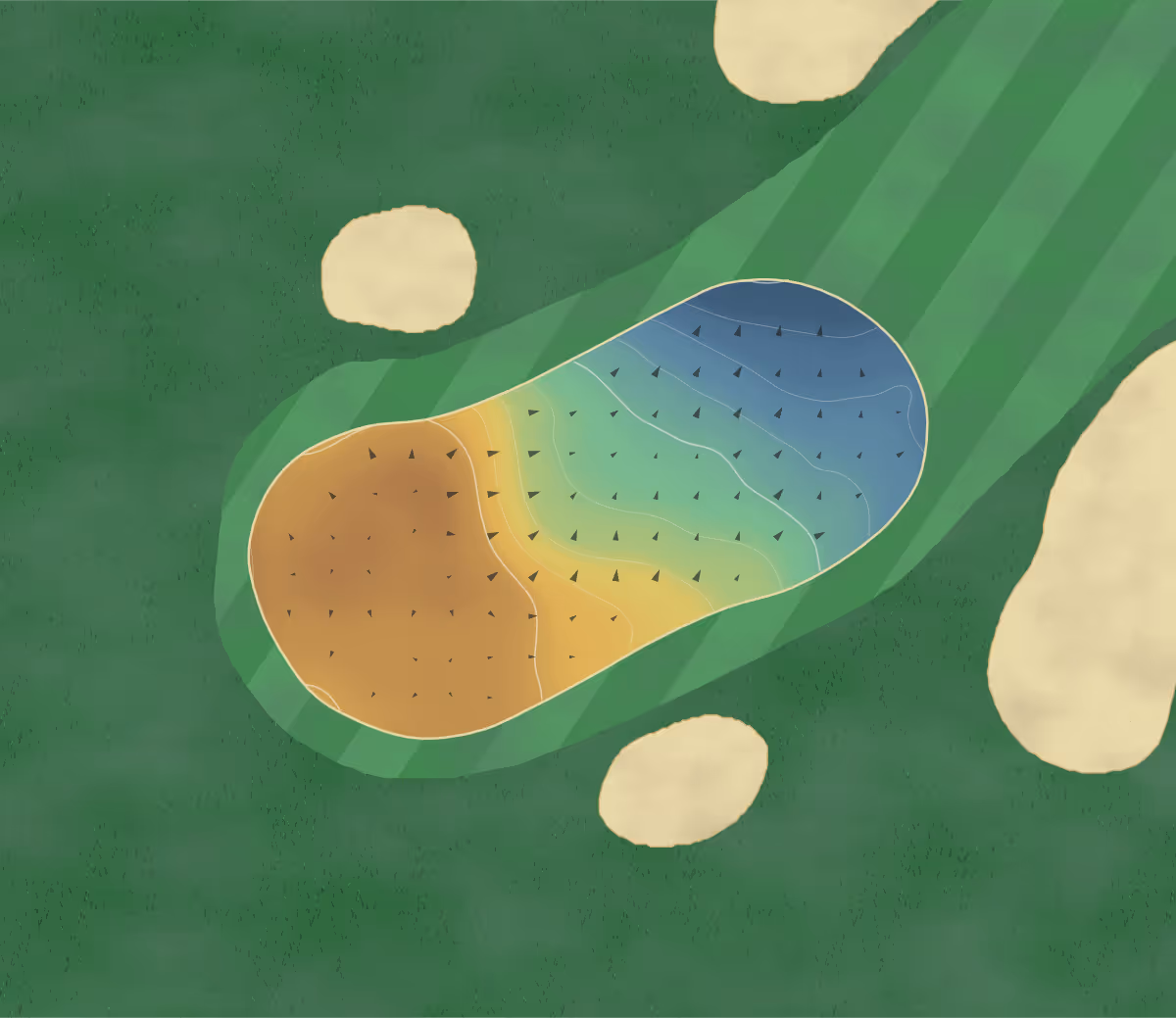 Green contour map of Eden Golf Club in Carlisle, England: 132 elevation contours at a 8-centimeter interval with fall-line arrows, traced from 1-meter lidar