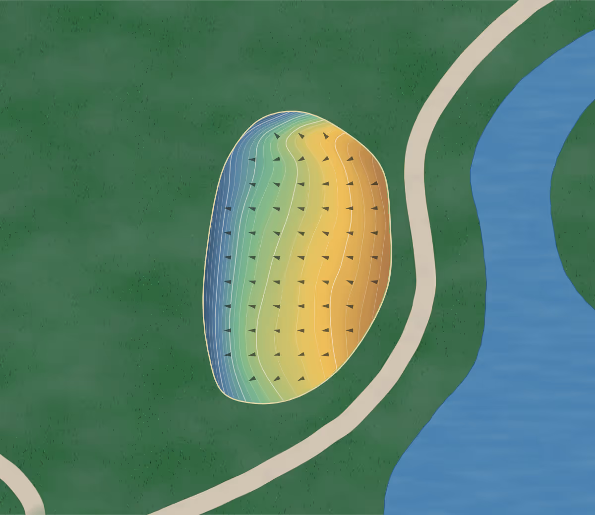 Green contour map of Edgewood Golf in Auburn, Illinois — 206 elevation contours at a 3-inch interval with fall-line arrows, traced from 1-meter lidar