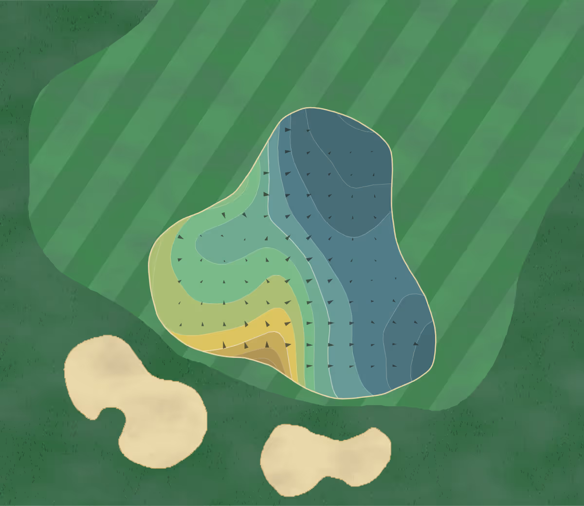 Green contour map of Edinburgh USA in Brooklyn Park, Minnesota — 195 elevation contours at a 3-inch interval with fall-line arrows, traced from 1-meter lidar