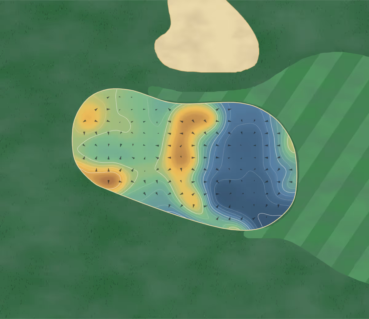 Green contour map of Petroleum Club in Spruce Grove, Canada — 176 elevation contours at a 8-centimeter interval with fall-line arrows, traced from 1-meter lidar