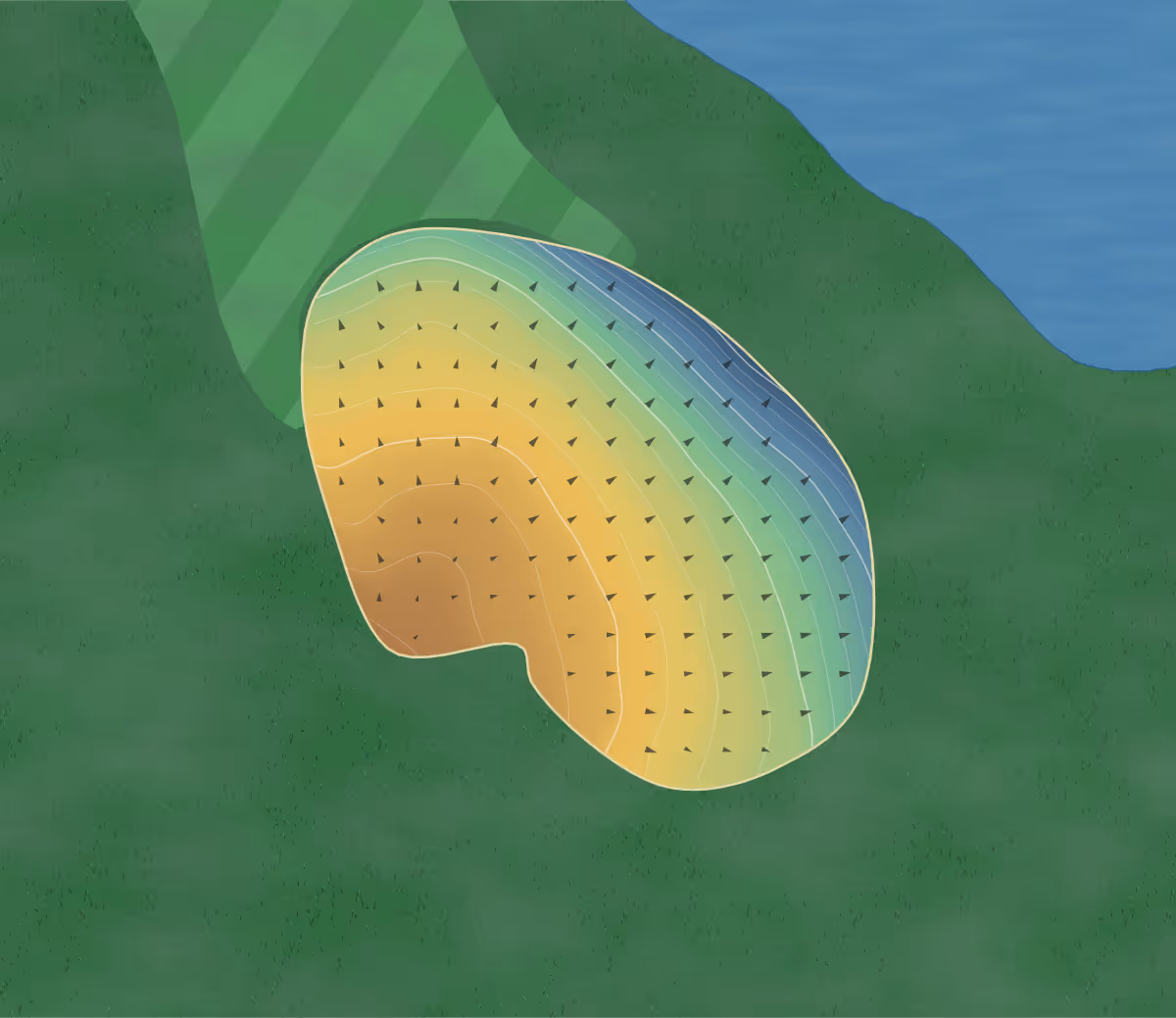 Green contour map of Edmonton Springs in Spruce Grove, Canada — 177 elevation contours at a 8-centimeter interval with fall-line arrows, traced from 1-meter lidar