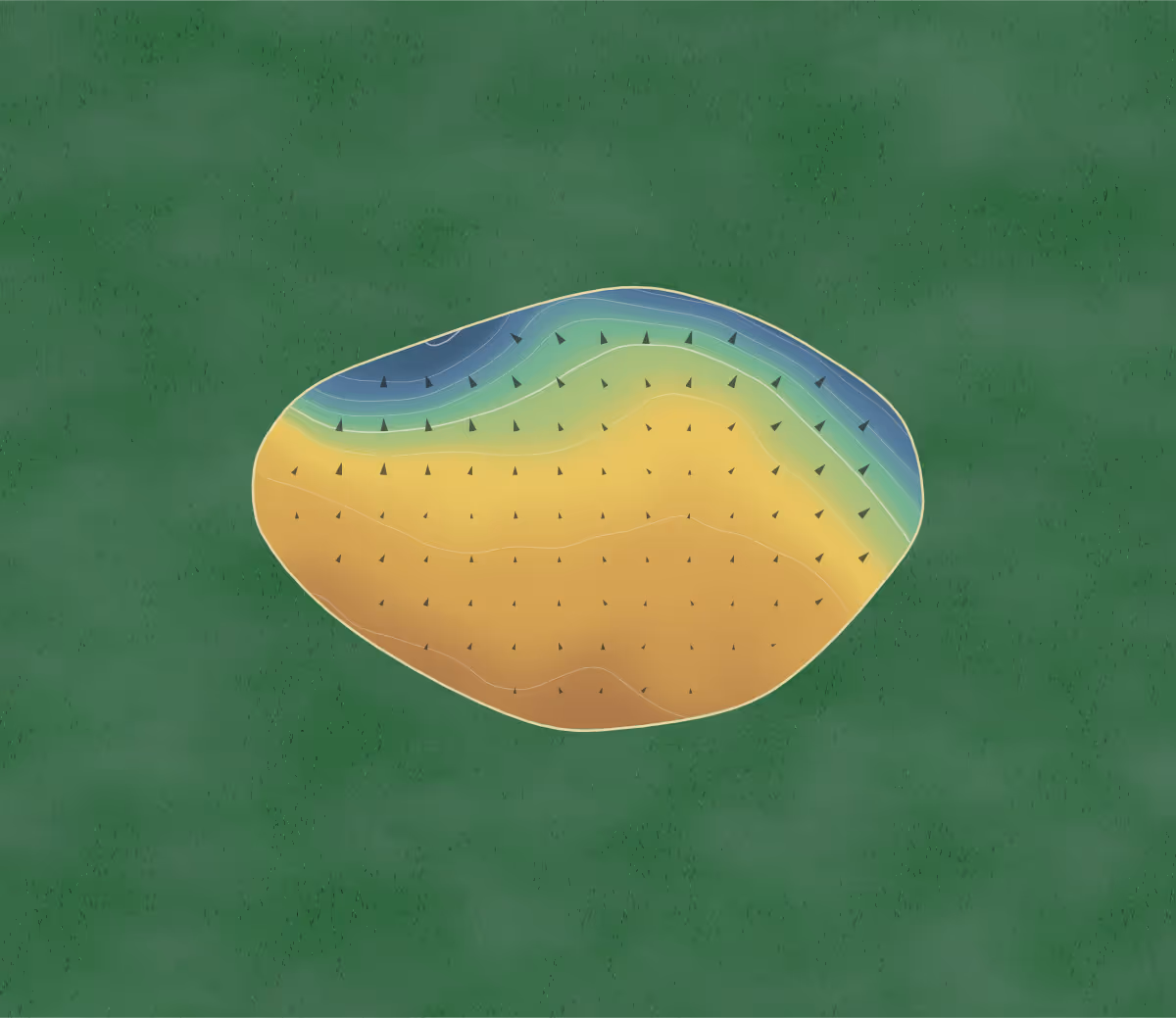 Green contour map of Edwalton in Nottingham, United Kingdom — 43 elevation contours at a 8-centimeter interval with fall-line arrows, traced from 1-meter lidar
