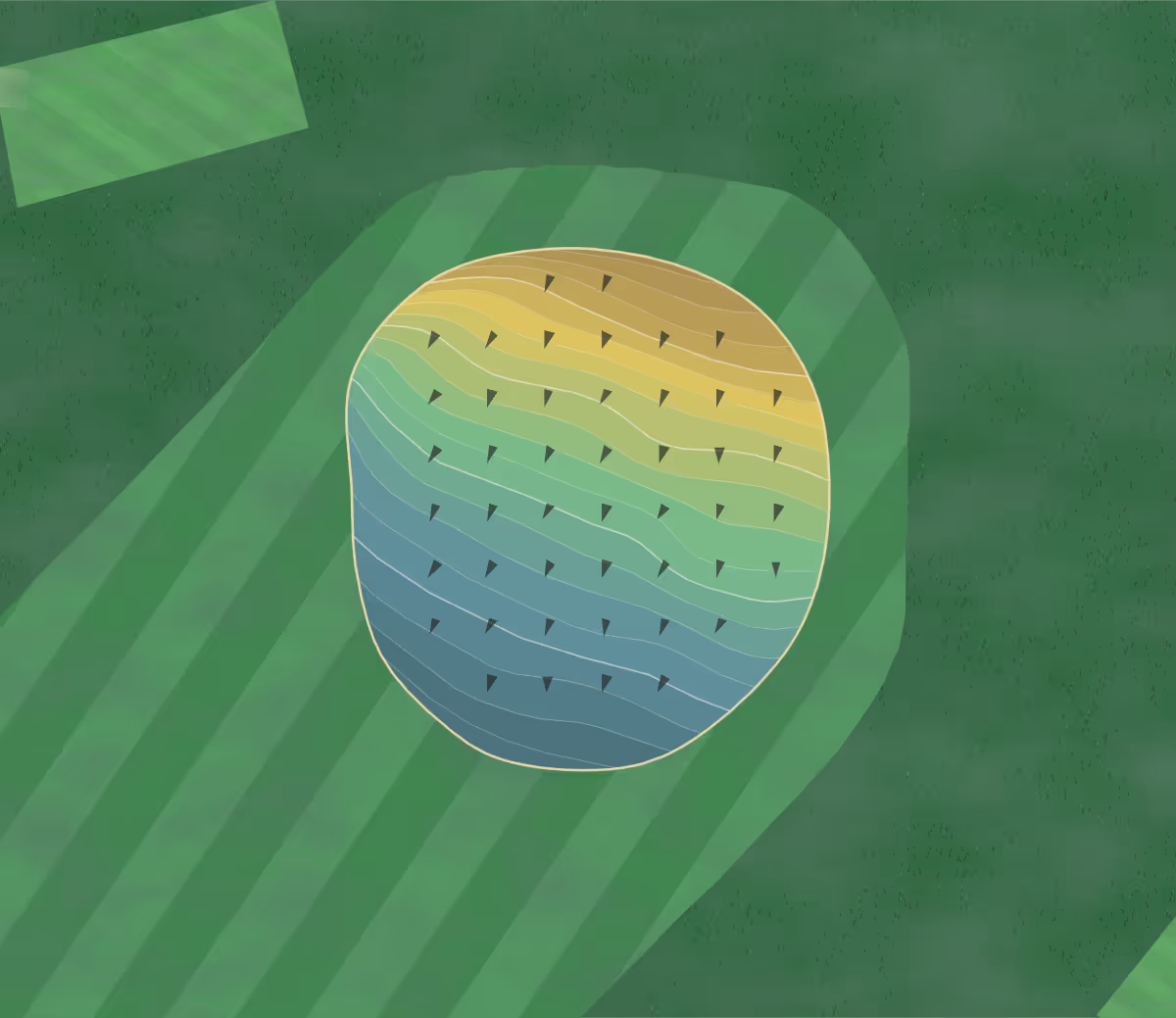 Green contour map of Egyptian in Mounds, Illinois — 90 elevation contours at a 3-inch interval with fall-line arrows, traced from 1-meter lidar