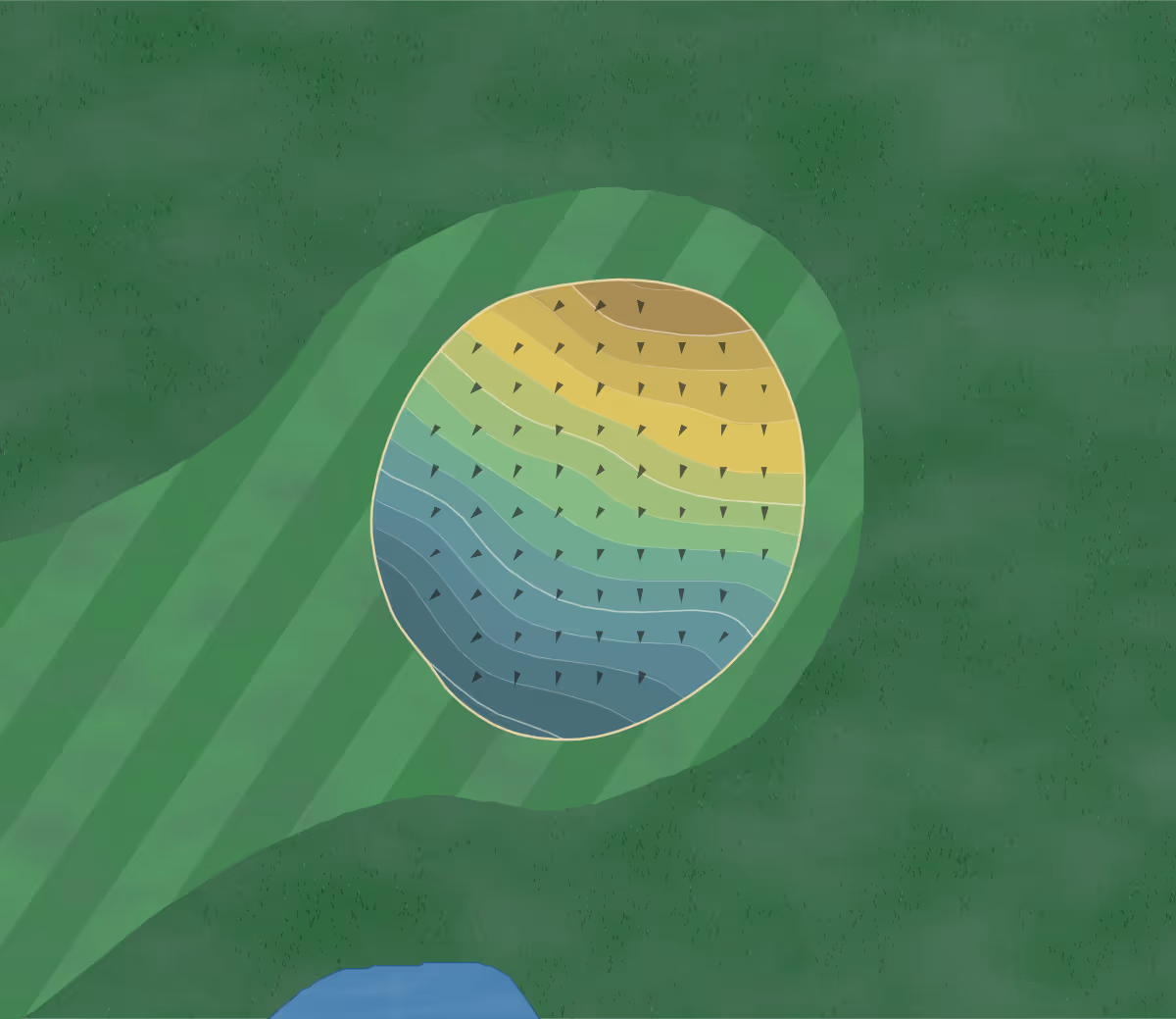 Green contour map of Eiker Golfklubb in Mjøndalen, Norway — 83 elevation contours at a 8-centimeter interval with fall-line arrows, traced from 1-meter lidar