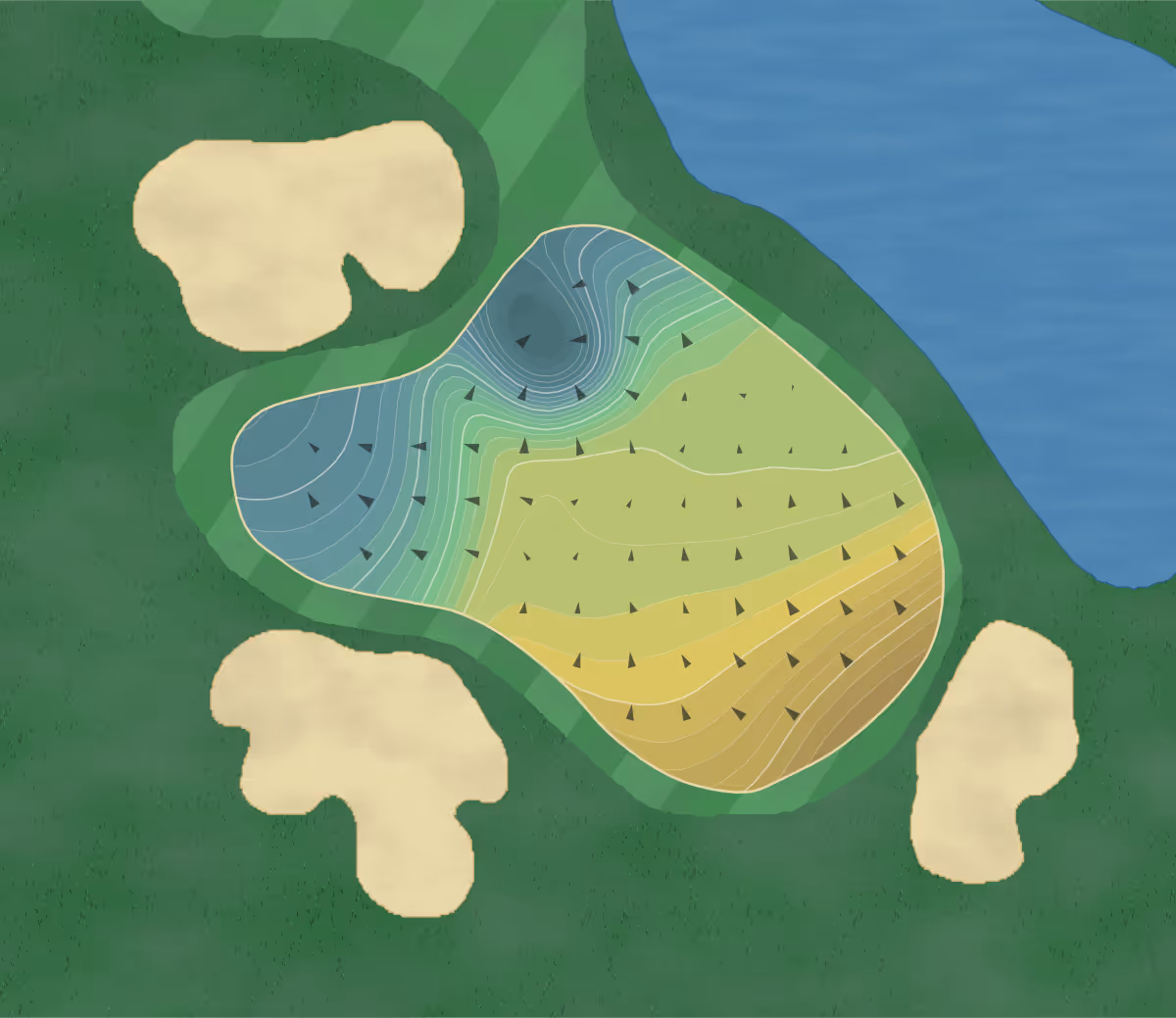 Green contour map of El Caballero in Tarzana, California — 283 elevation contours at a 3-inch interval with fall-line arrows, traced from 1-meter lidar