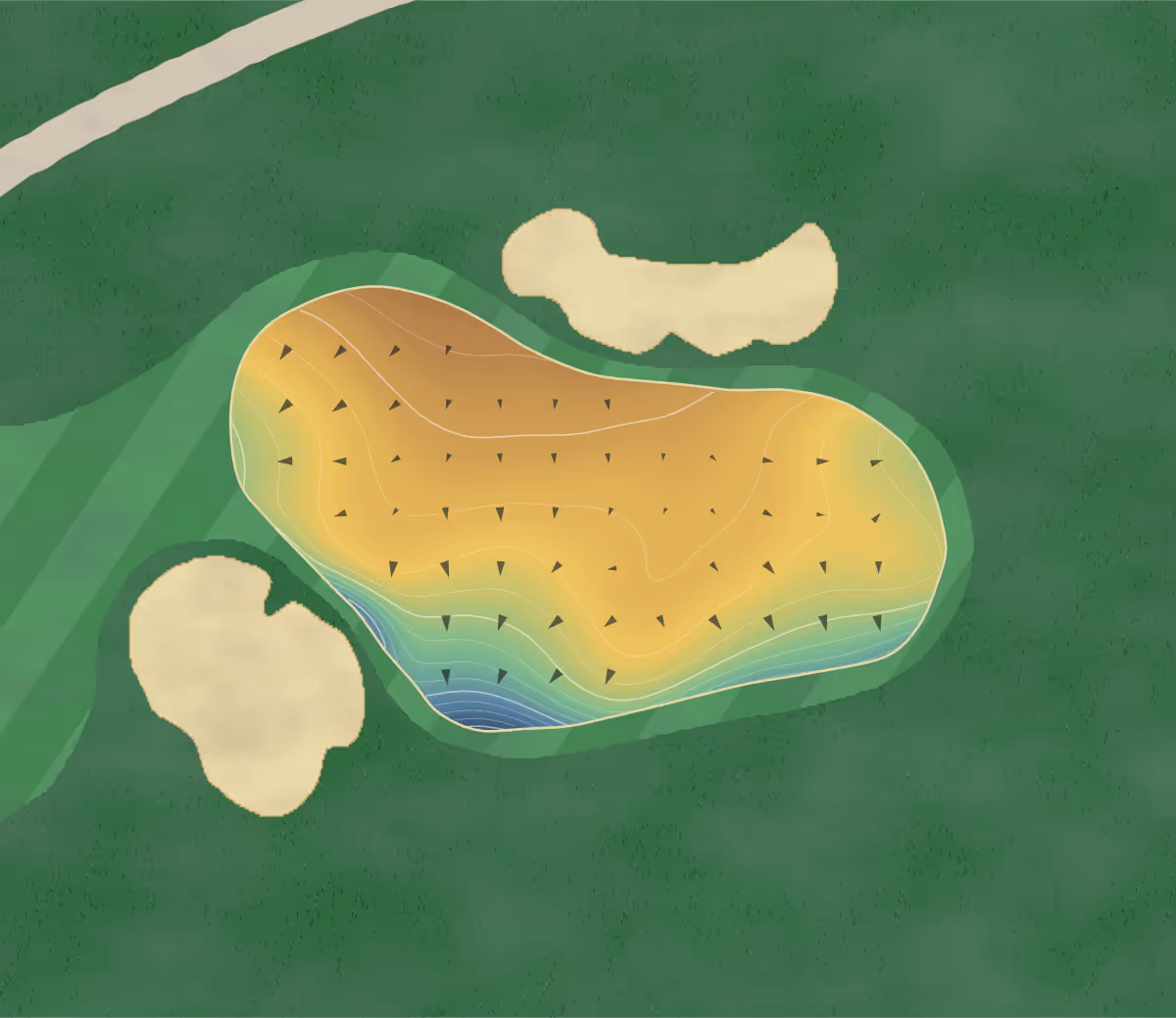 Green contour map of Elanora in Elanora, Australia — 189 elevation contours at a 8-centimeter interval with fall-line arrows, traced from 1-meter lidar