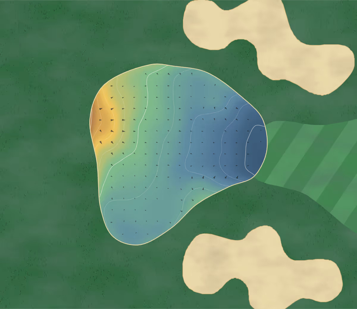Green contour map of Elbow Springs in Calgary, Canada: 9 elevation contours at a 8-centimeter interval with fall-line arrows, traced from 1-meter lidar