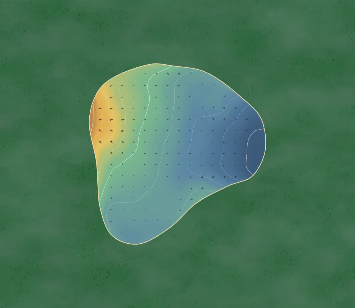 Green contour map of Elbow Springs in Calgary, Canada — 9 elevation contours at a 8-centimeter interval with fall-line arrows, traced from 1-meter lidar