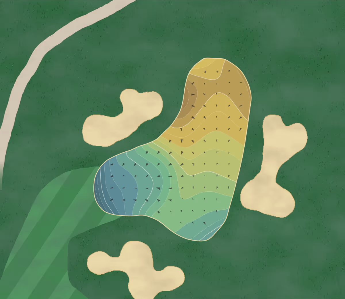 Green contour map of Elkhorn Golf in Sun Valley, Idaho — 260 elevation contours at a 3-inch interval with fall-line arrows, traced from 1-meter lidar