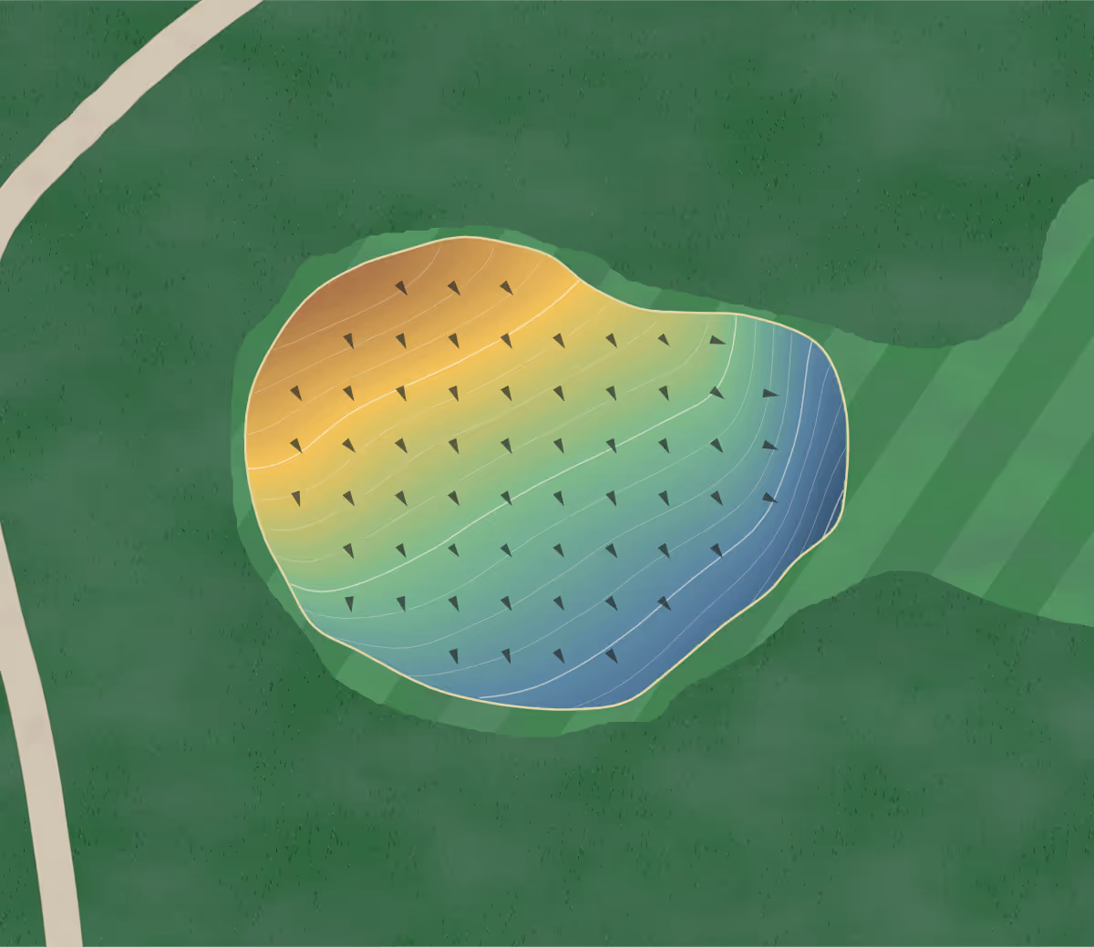 Green contour map of Elks in Farmington, Pennsylvania — 158 elevation contours at a 3-inch interval with fall-line arrows, traced from 1-meter lidar