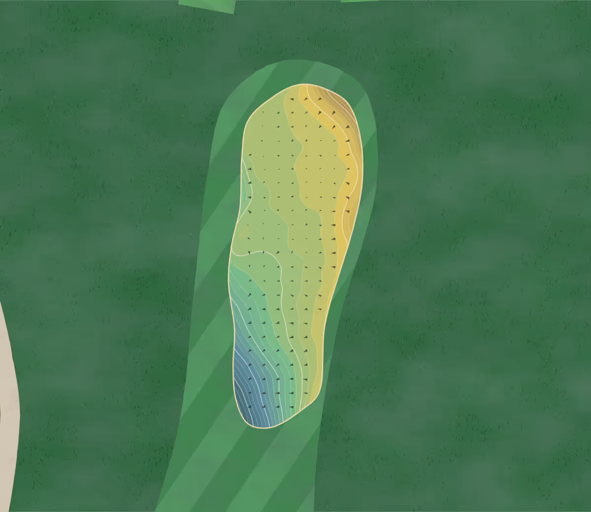 Green contour map of Ellesborough GC in Buckinghamshire, England — 249 elevation contours at a 8-centimeter interval with fall-line arrows, traced from 1-meter lidar