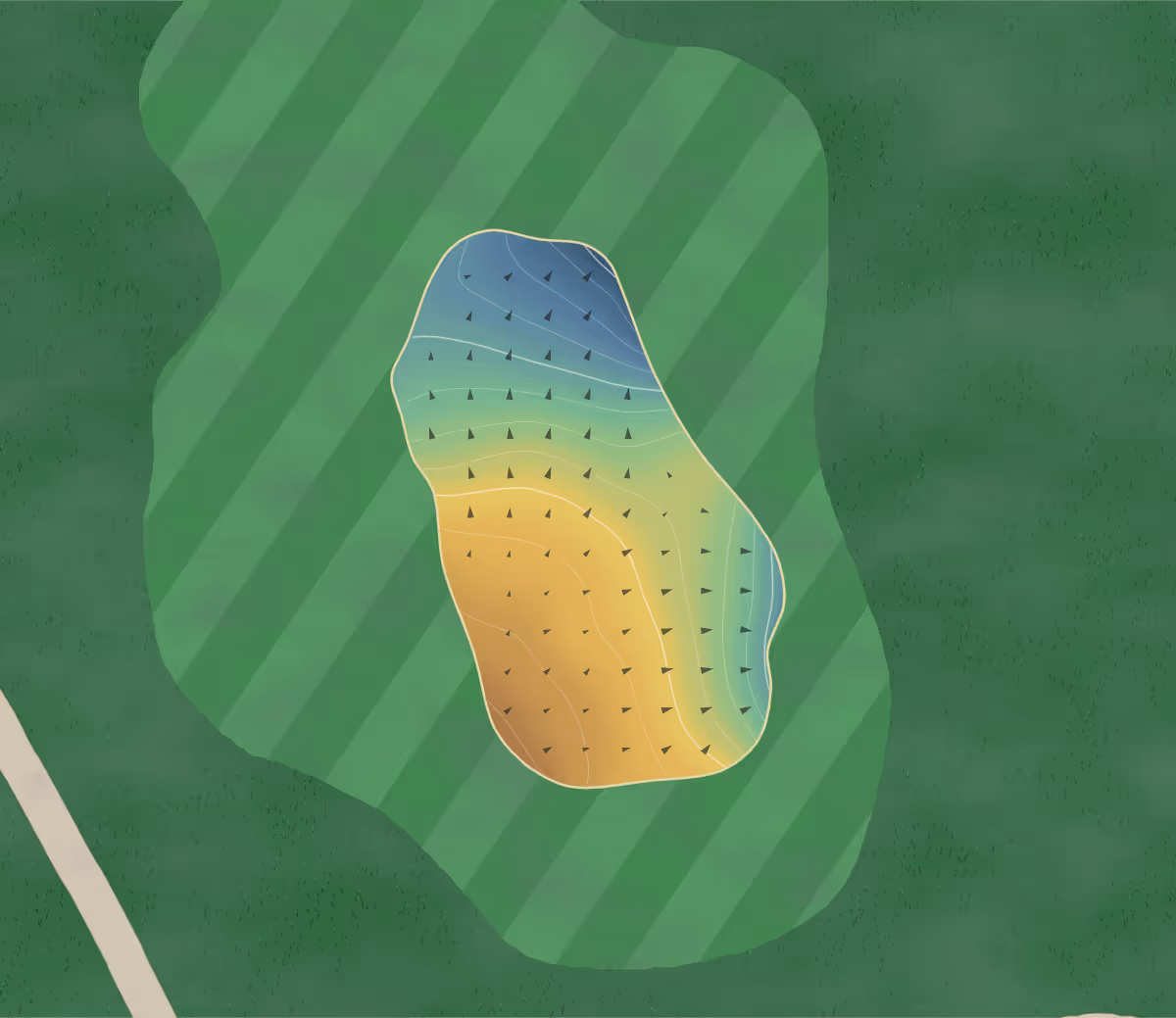 Green contour map of Elm Park in Dublin, Ireland — 23 elevation contours at a 8-centimeter interval with fall-line arrows, traced from 1-meter lidar