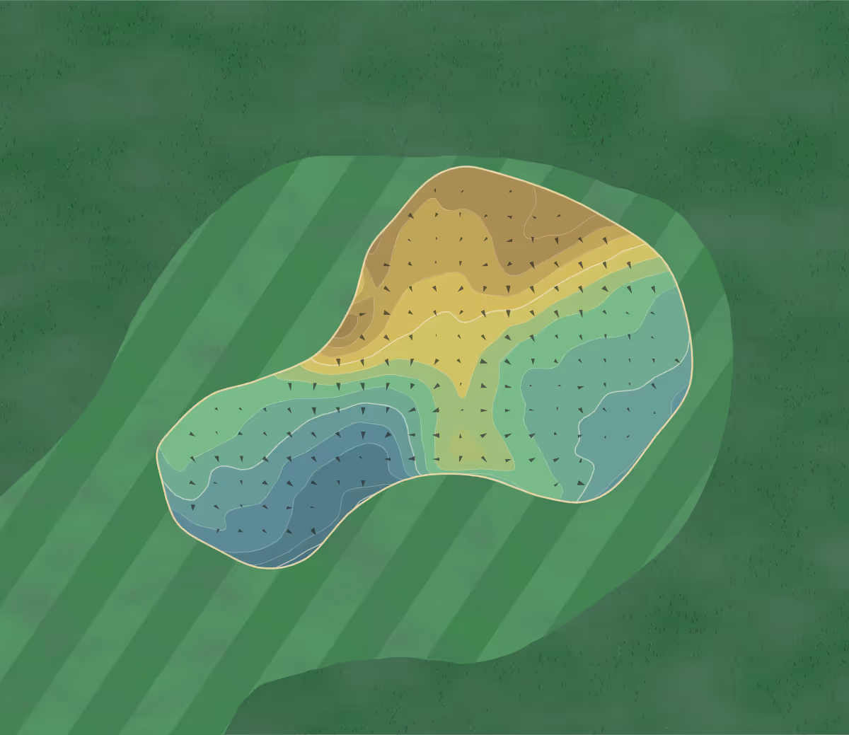 Green contour map of Elmwood in Elmwood, Scotland — 183 elevation contours at a 8-centimeter interval with fall-line arrows, traced from 1-meter lidar