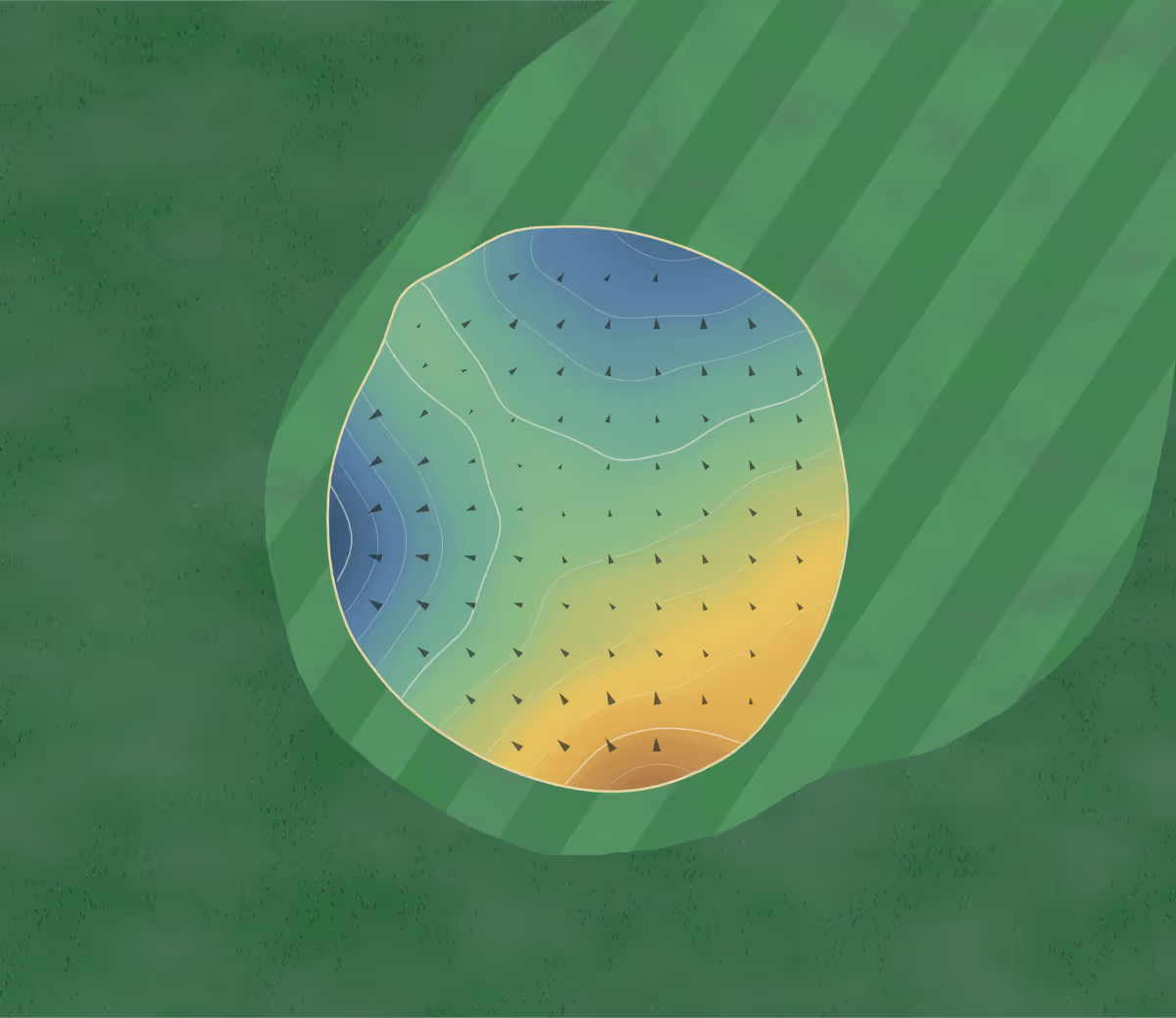 Green contour map of Elmwood Park in Sioux Falls, South Dakota: 120 elevation contours at a 3-inch interval with fall-line arrows, traced from 1-meter lidar