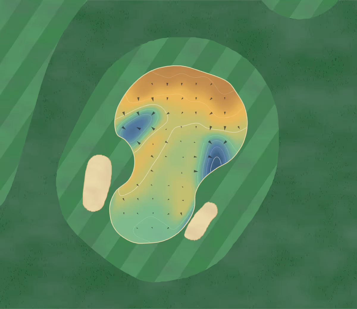 Green contour map of Eltham in Eltham, New Zealand — 70 elevation contours at a 8-centimeter interval with fall-line arrows, traced from 1-meter lidar
