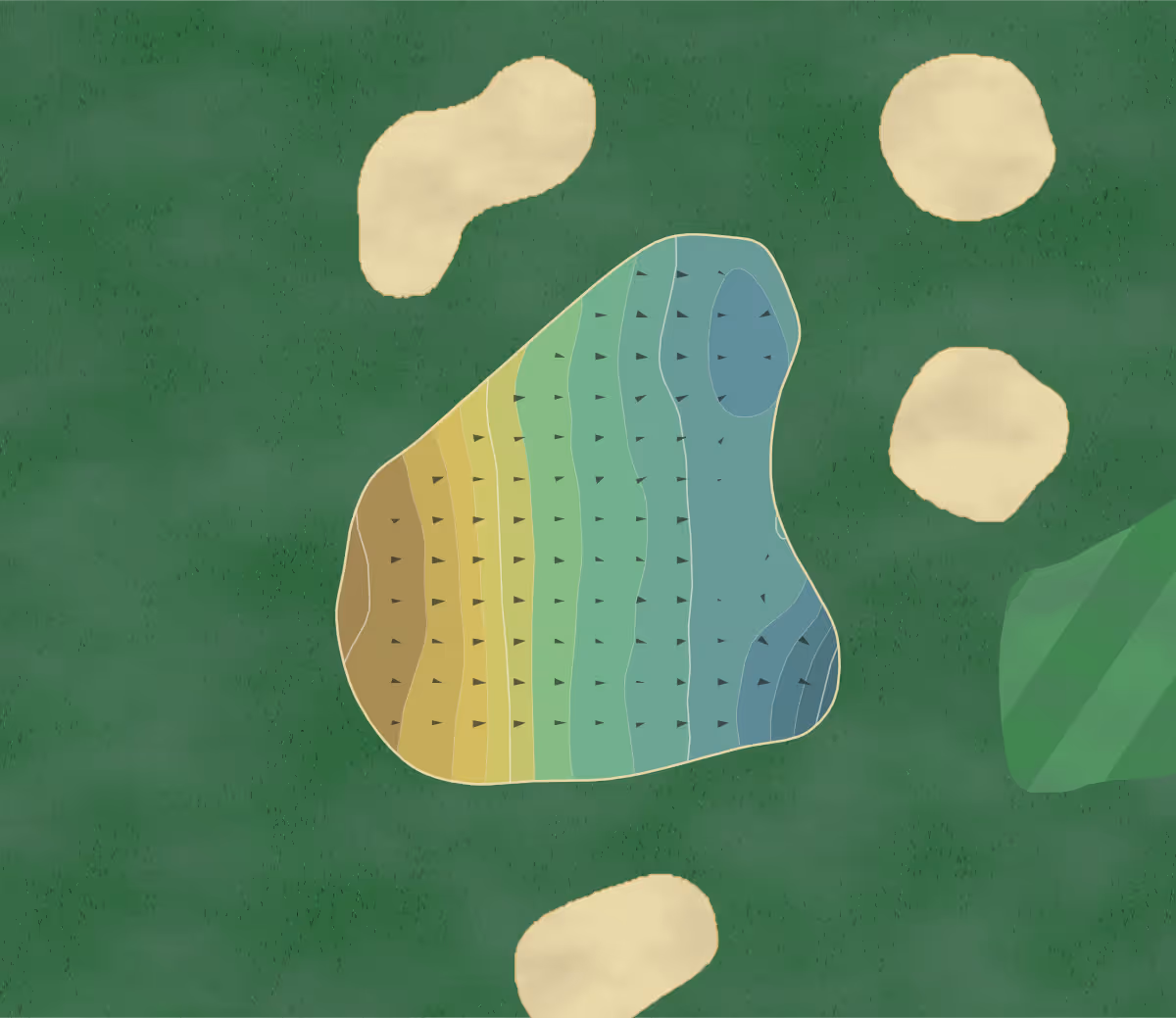 Green contour map of Elton Furze in Peterborough, England — 135 elevation contours at a 8-centimeter interval with fall-line arrows, traced from 1-meter lidar