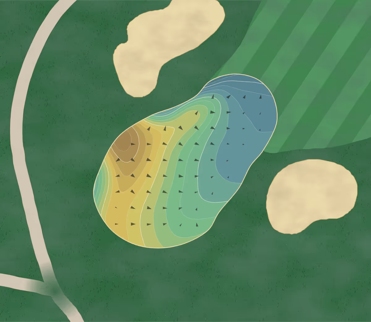 Green contour map of Elyria CC in Elyria, Ohio — 258 elevation contours at a 3-inch interval with fall-line arrows, traced from 1-meter lidar