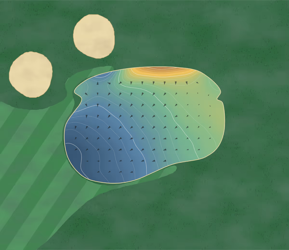 Green contour map of Emerald Championship in Whitchurch, Wales: 156 elevation contours at a 8-centimeter interval with fall-line arrows, traced from 1-meter lidar