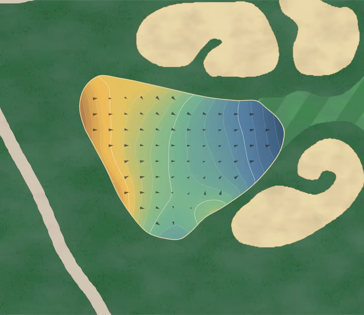 Green contour map of Emerald Hills in Whitchurch-Stouffville, Canada — 243 elevation contours at a 8-centimeter interval with fall-line arrows, traced from 1-meter lidar
