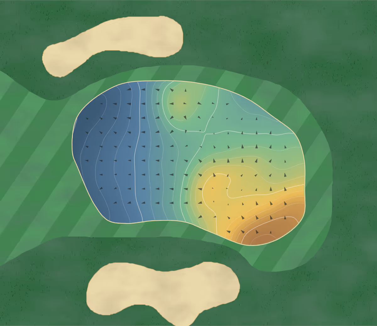 Green contour map of Emerald Links in Lombardy, Canada — 102 elevation contours at a 8-centimeter interval with fall-line arrows, traced from 1-meter lidar
