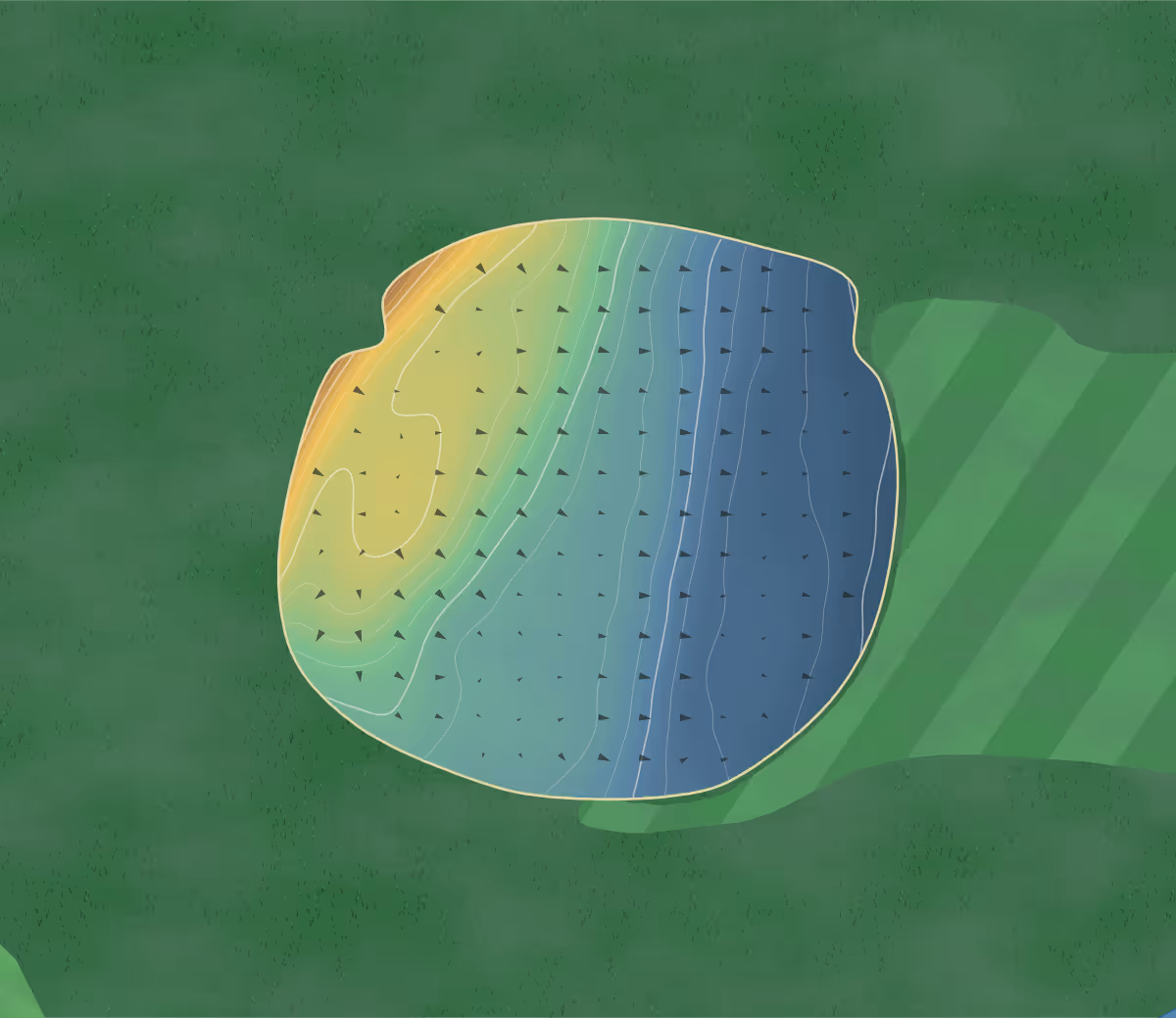 Green contour map of Emerson in Canada: 59 elevation contours at a 8-centimeter interval with fall-line arrows, traced from 1-meter lidar