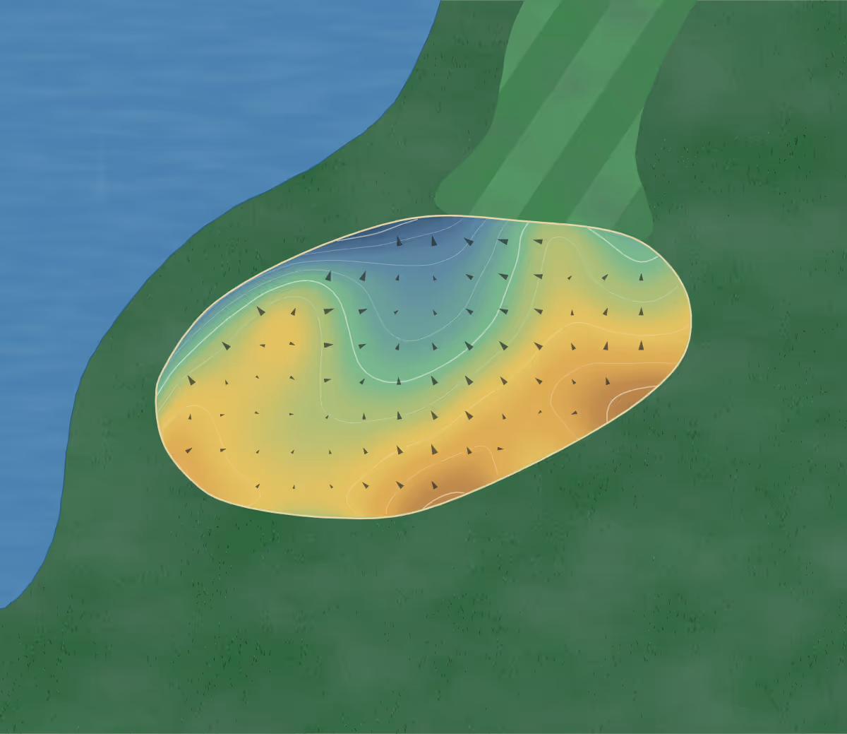 Green contour map of Entrada CC in St. George, Utah: 72 elevation contours at a 3-inch interval with fall-line arrows, traced from 1-meter lidar