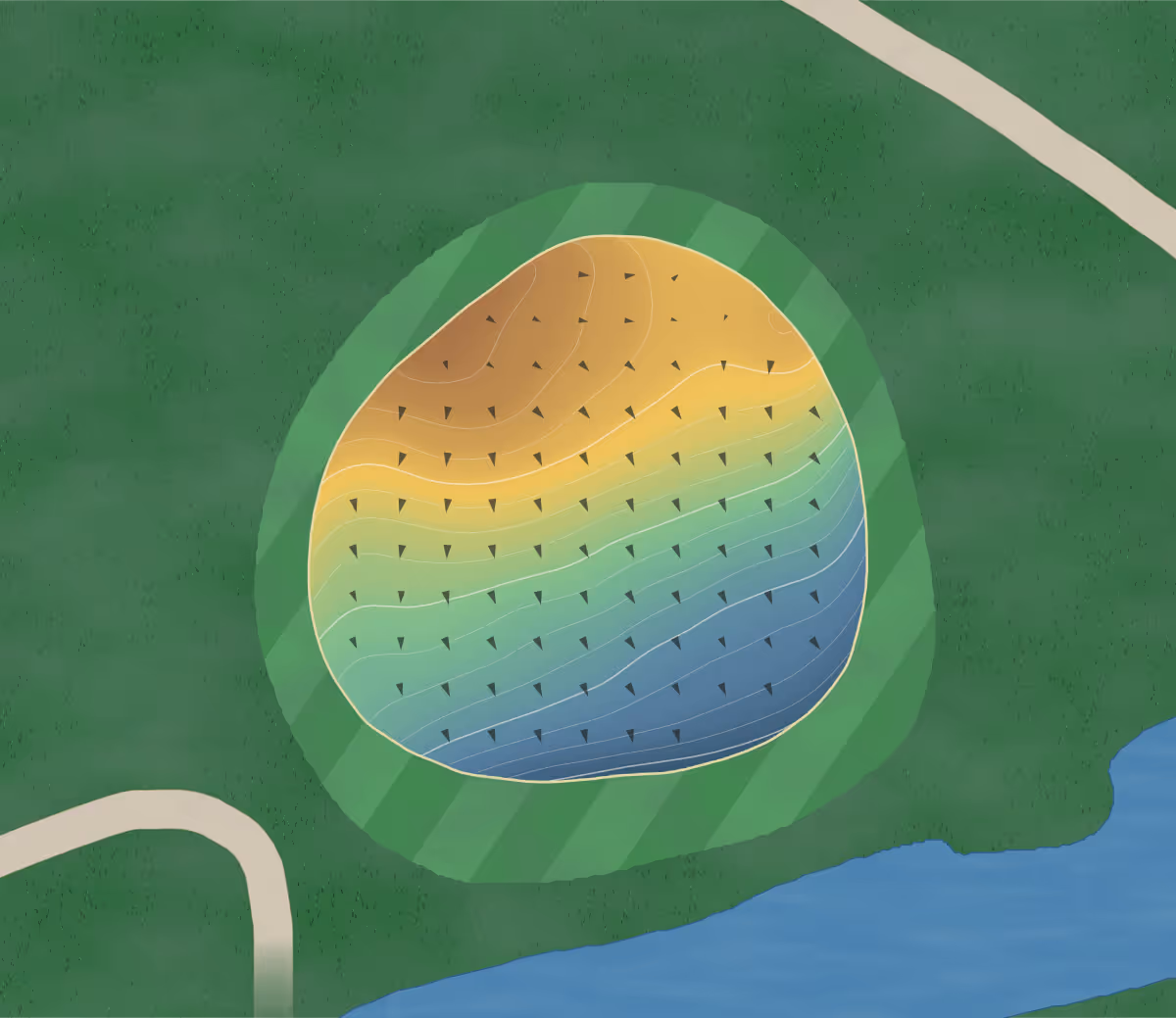 Green contour map of Enumclaw Gc in Enumclaw, Washington — 191 elevation contours at a 3-inch interval with fall-line arrows, traced from 1-meter lidar