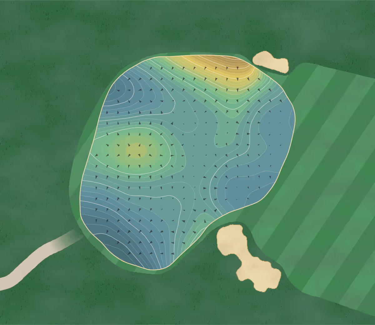 Green contour map of Erin Hills in Erin, Wisconsin — 280 elevation contours at a 3-inch interval with fall-line arrows, traced from 1-meter lidar