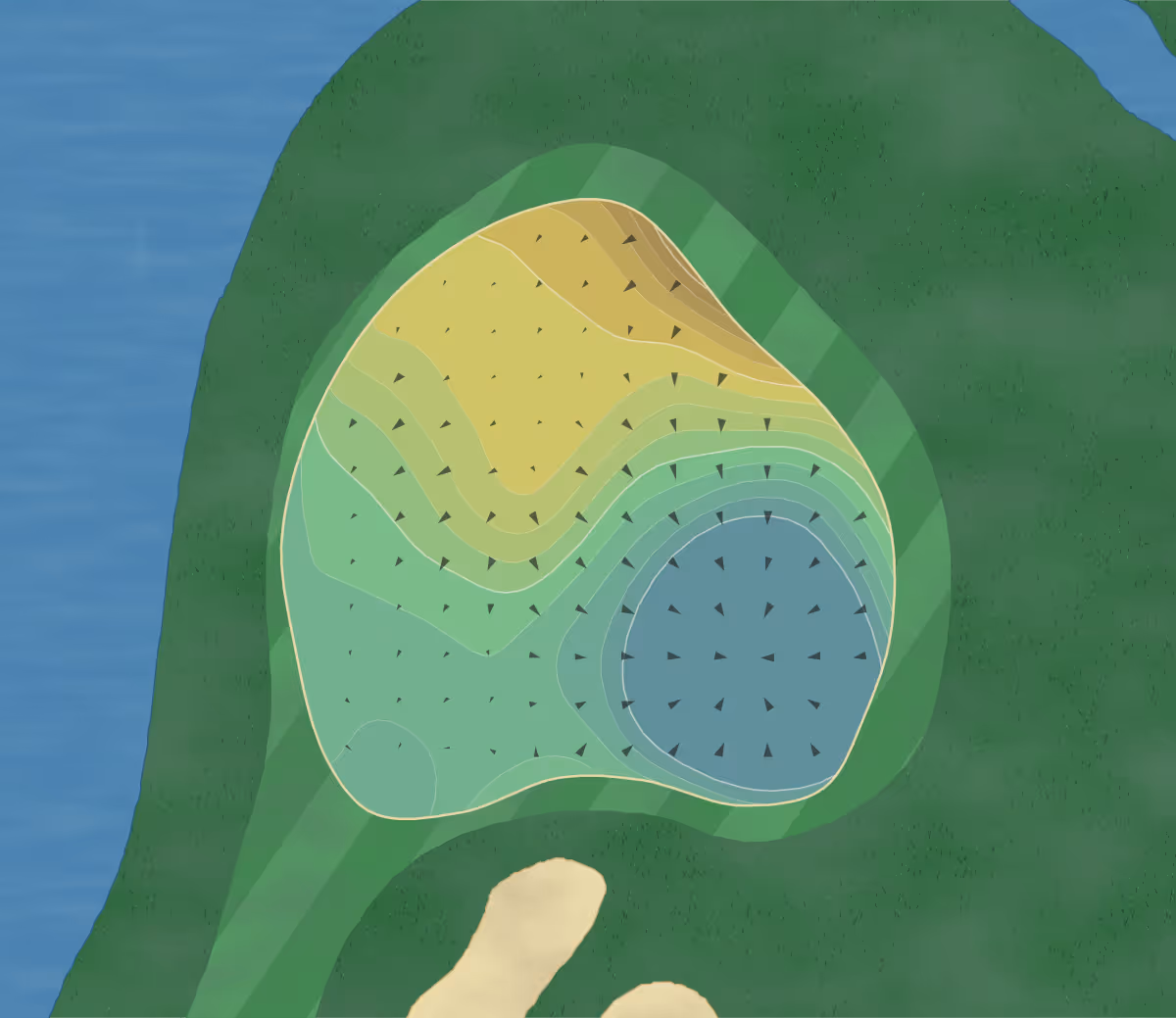 Green contour map of Escena in Palm Springs, California — 186 elevation contours at a 3-inch interval with fall-line arrows, traced from 1-meter lidar