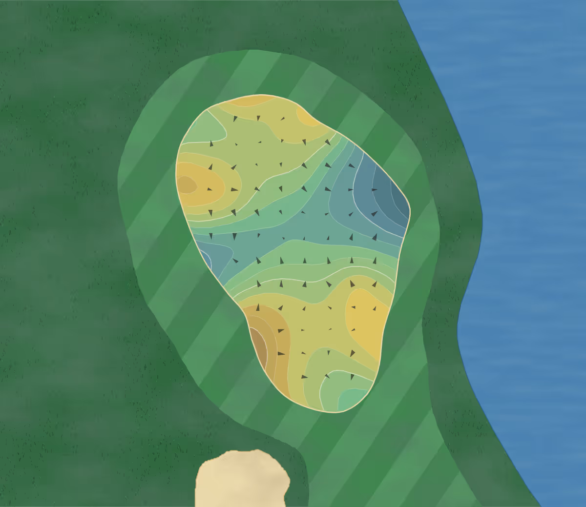 Green contour map of Esplanade Golf in Naples, Florida — 197 elevation contours at a 3-inch interval with fall-line arrows, traced from 1-meter lidar