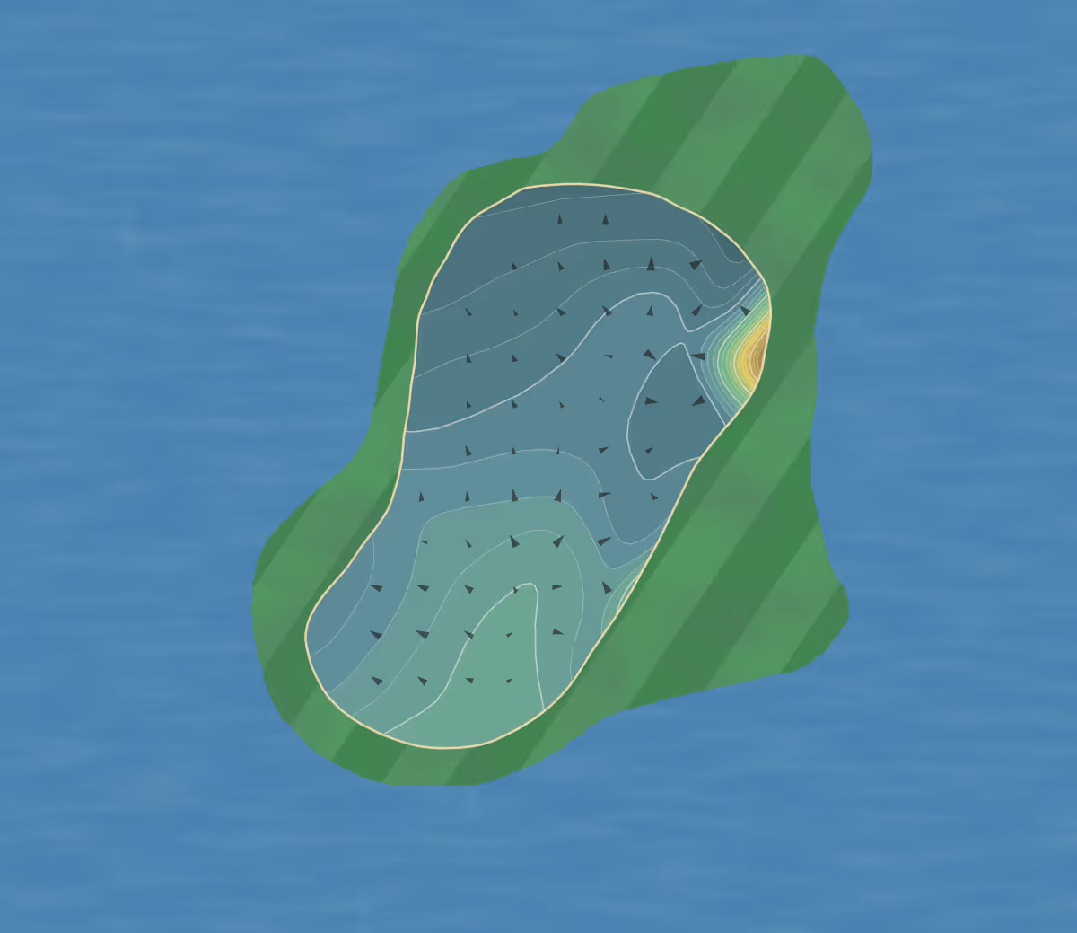 Green contour map of Estero CC in Fort Myers, Florida — 211 elevation contours at a 3-inch interval with fall-line arrows, traced from 1-meter lidar