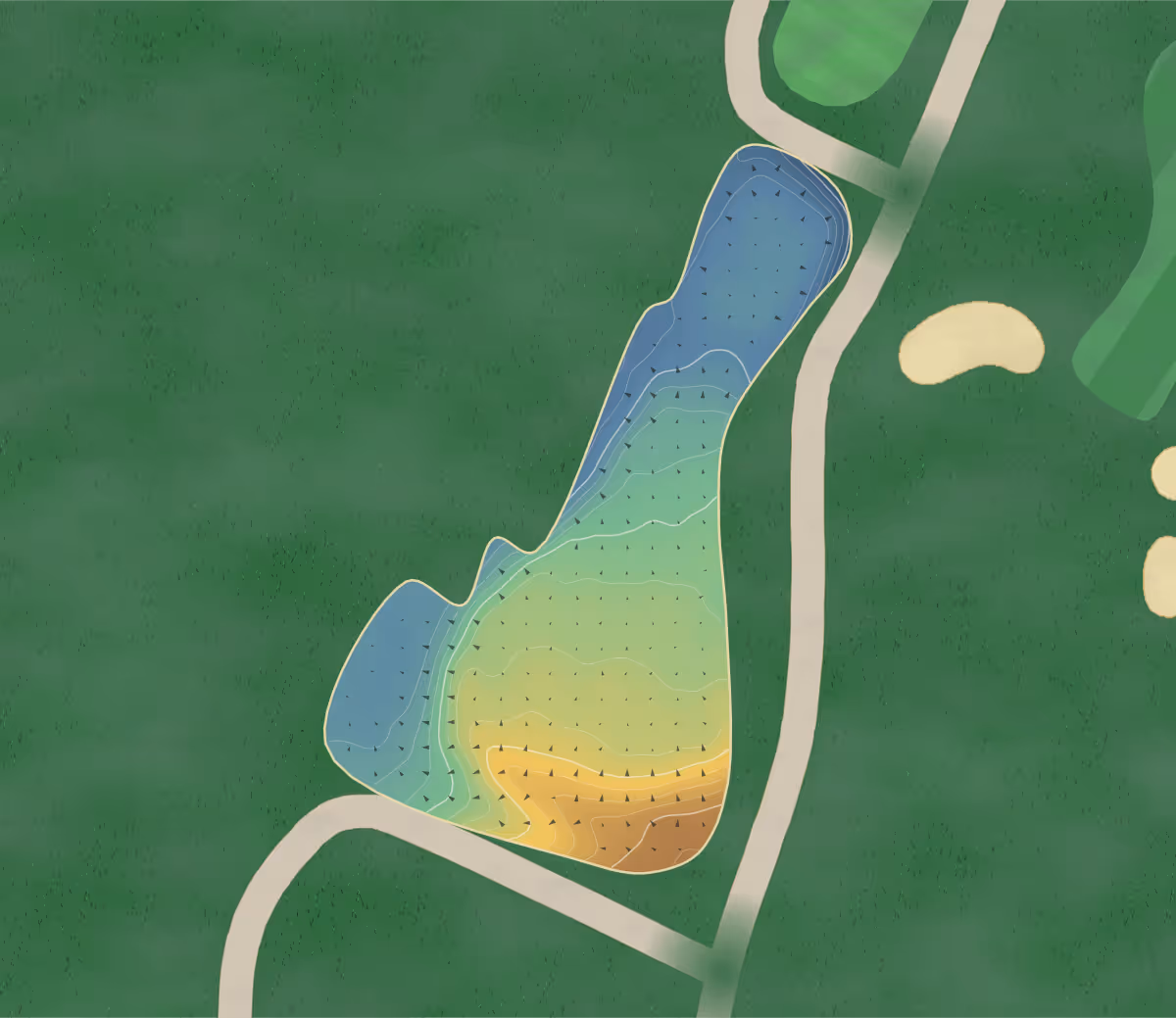 Green contour map of Everett Golf in Everett, Washington — 206 elevation contours at a 3-inch interval with fall-line arrows, traced from 1-meter lidar